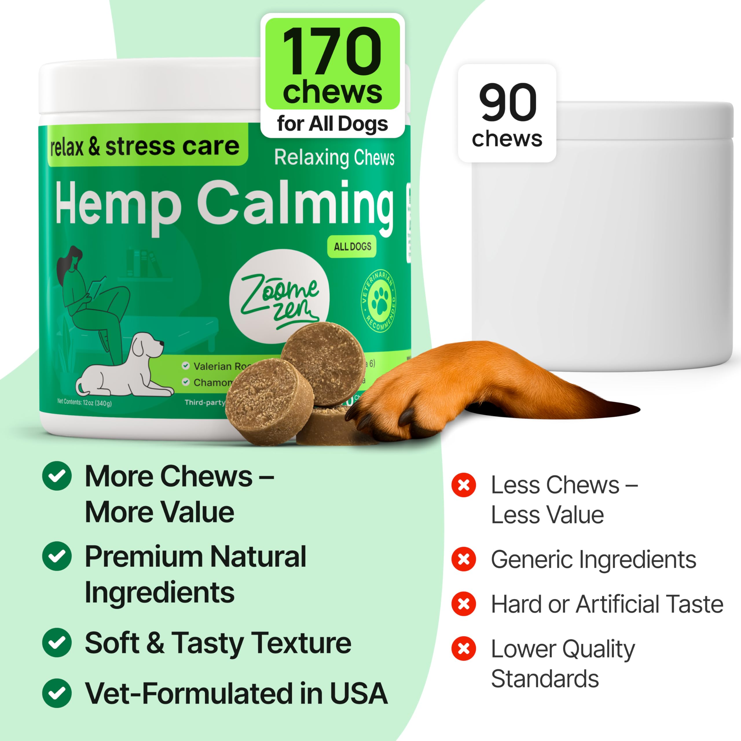 ZOOMEZEN hemp calming chews closeup ingredients like valerian and chamomile
