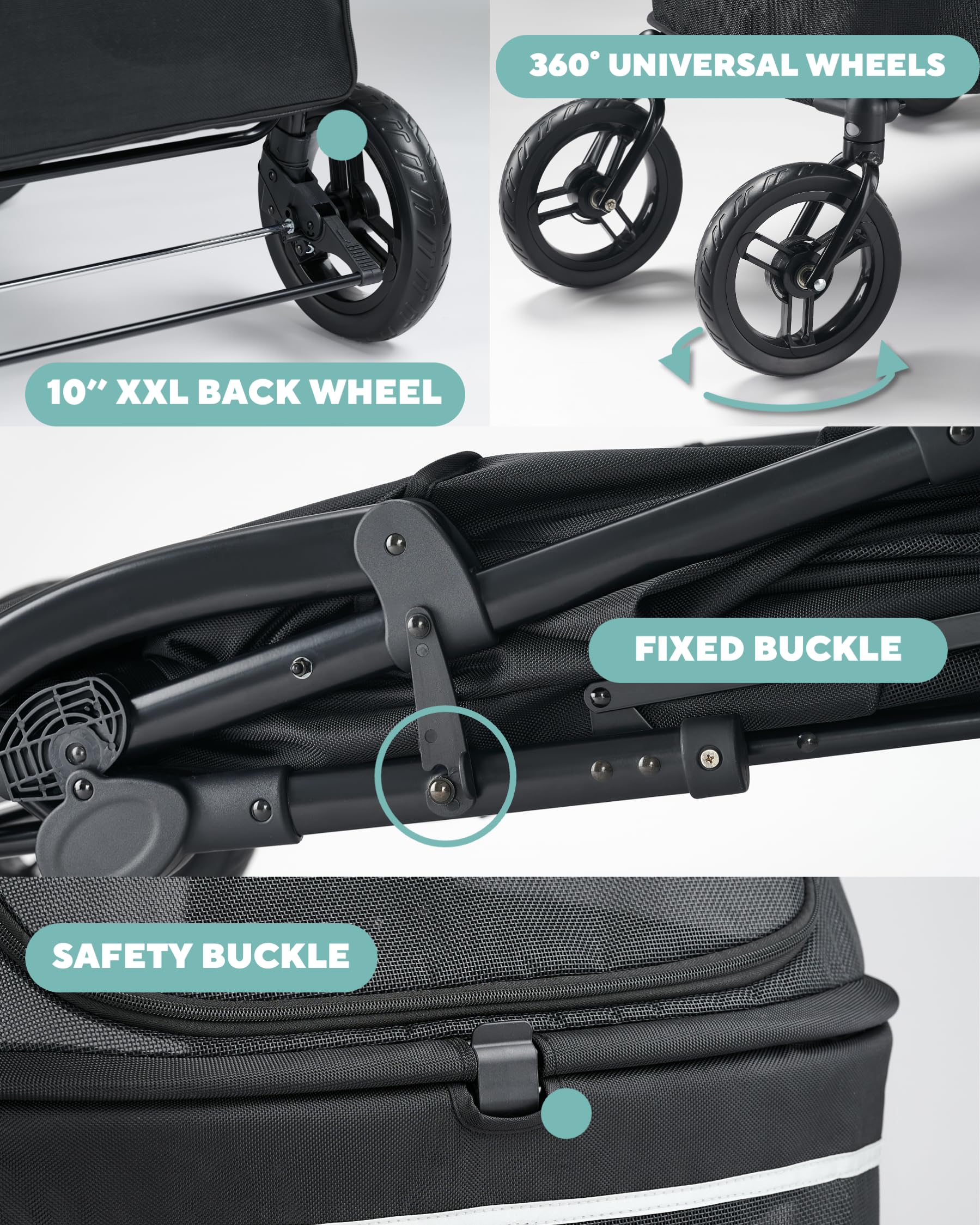 Zoosky 360 front wheels navigate corners and paths easily.