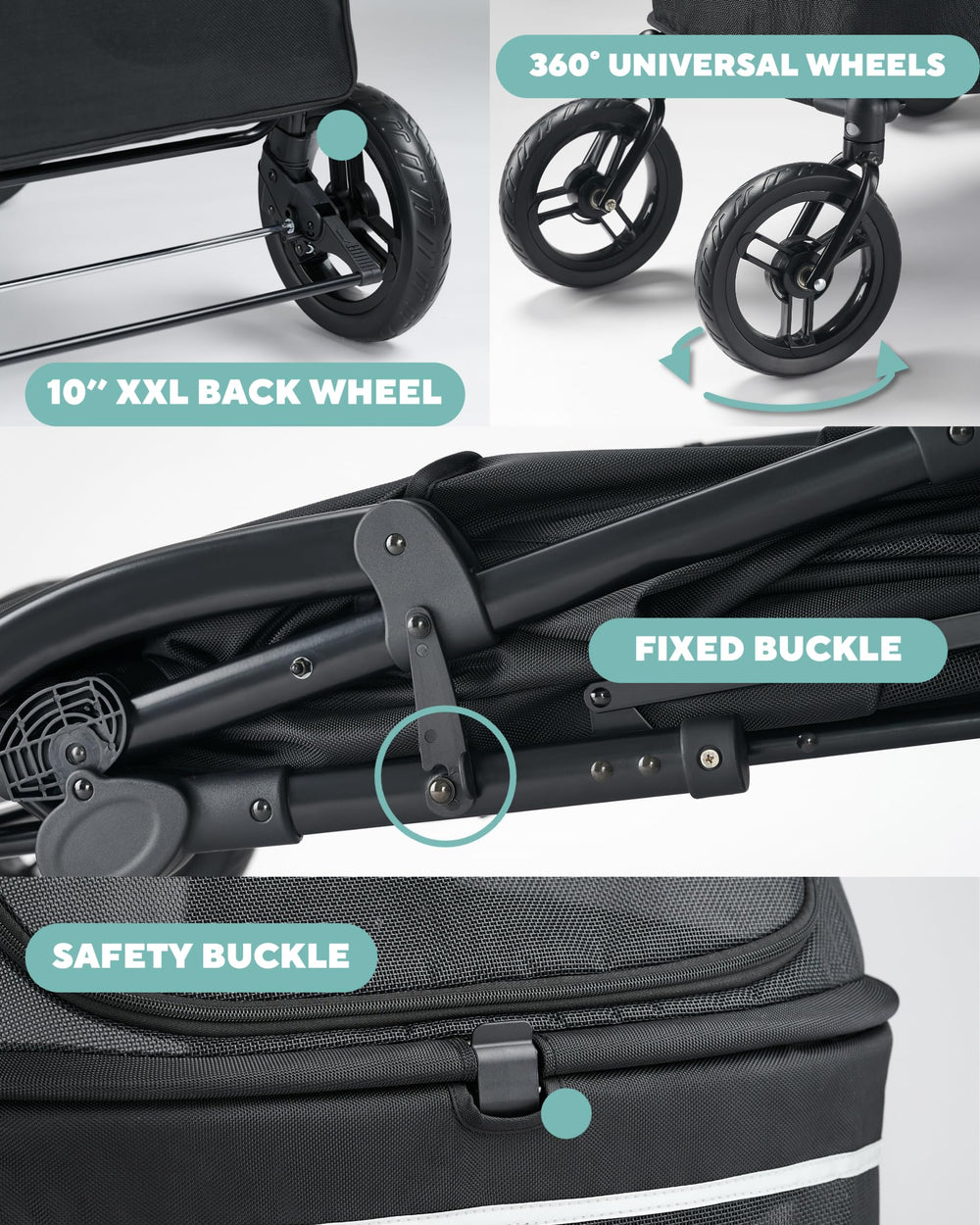Zoosky 360 front wheels navigate corners and paths easily.