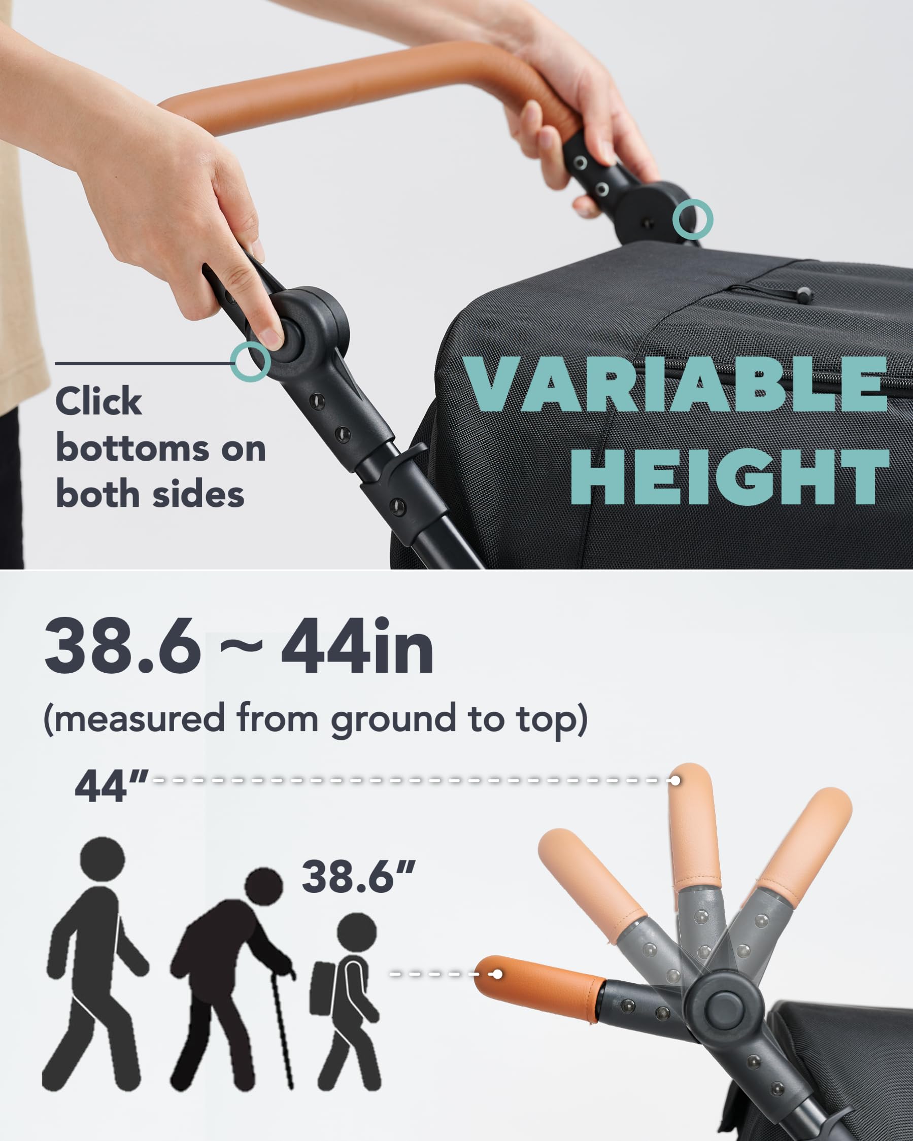 Zoosky stroller adjustable handlebar adapts to different caregivers.