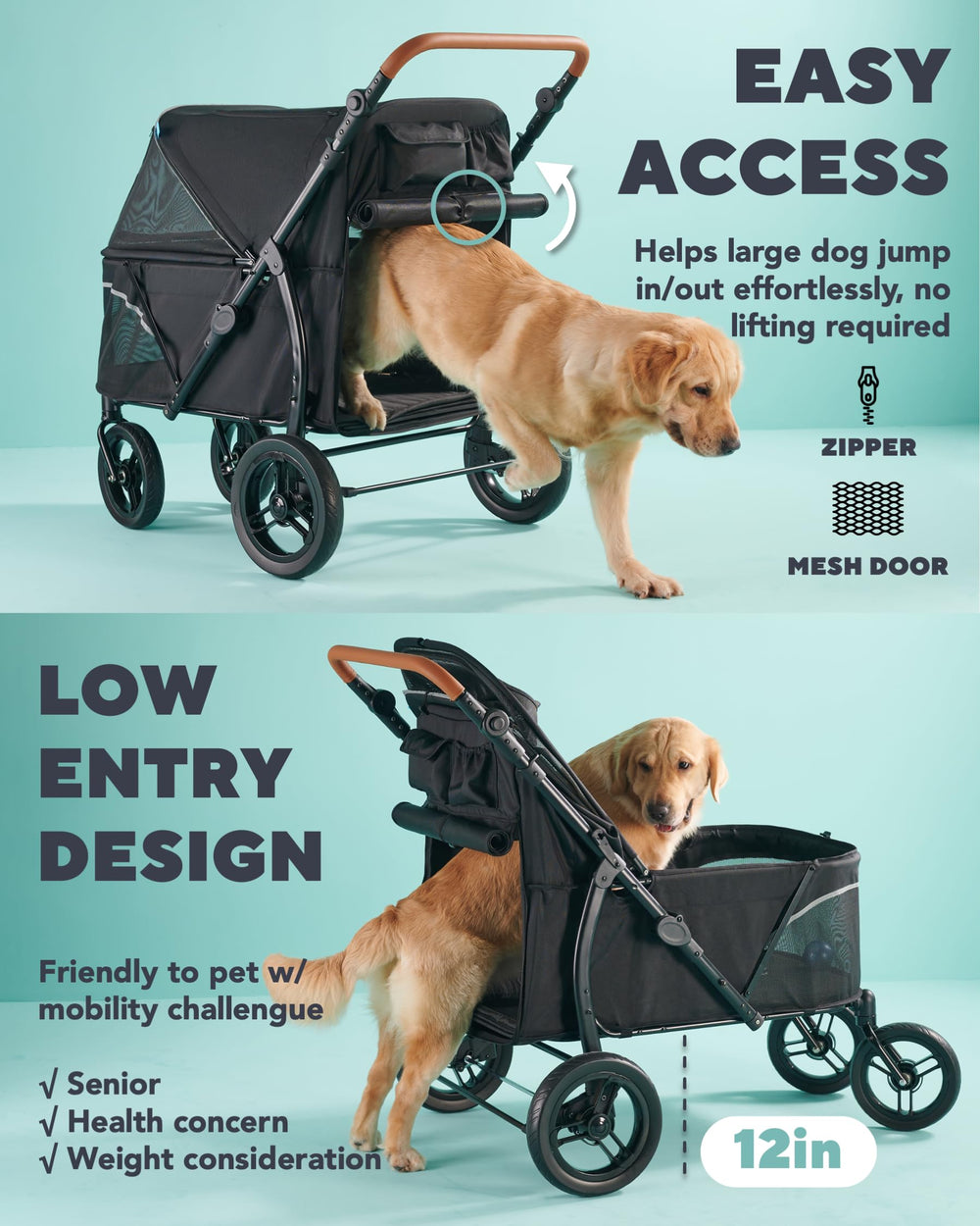 Zoosky stroller back mesh door enables easy entry for pets.