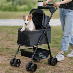Zoosky Pet Stroller front view highlights compact design for easy city strolls.