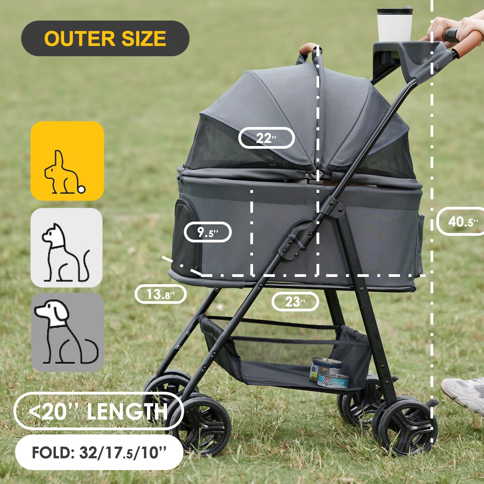 Zoosky Pet Stroller side view demonstrates slim profile for quick storage.