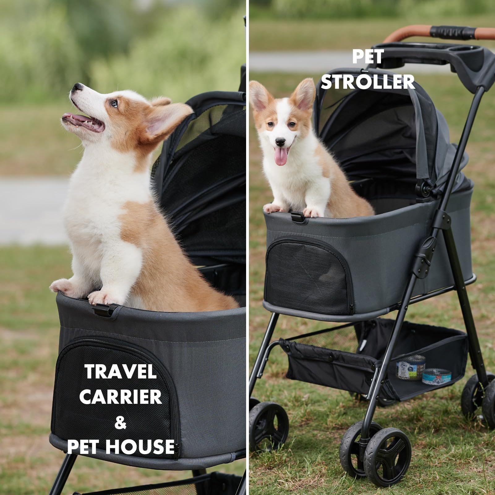 Zoosky Pet Stroller storage basket captures space for essentials on outings.