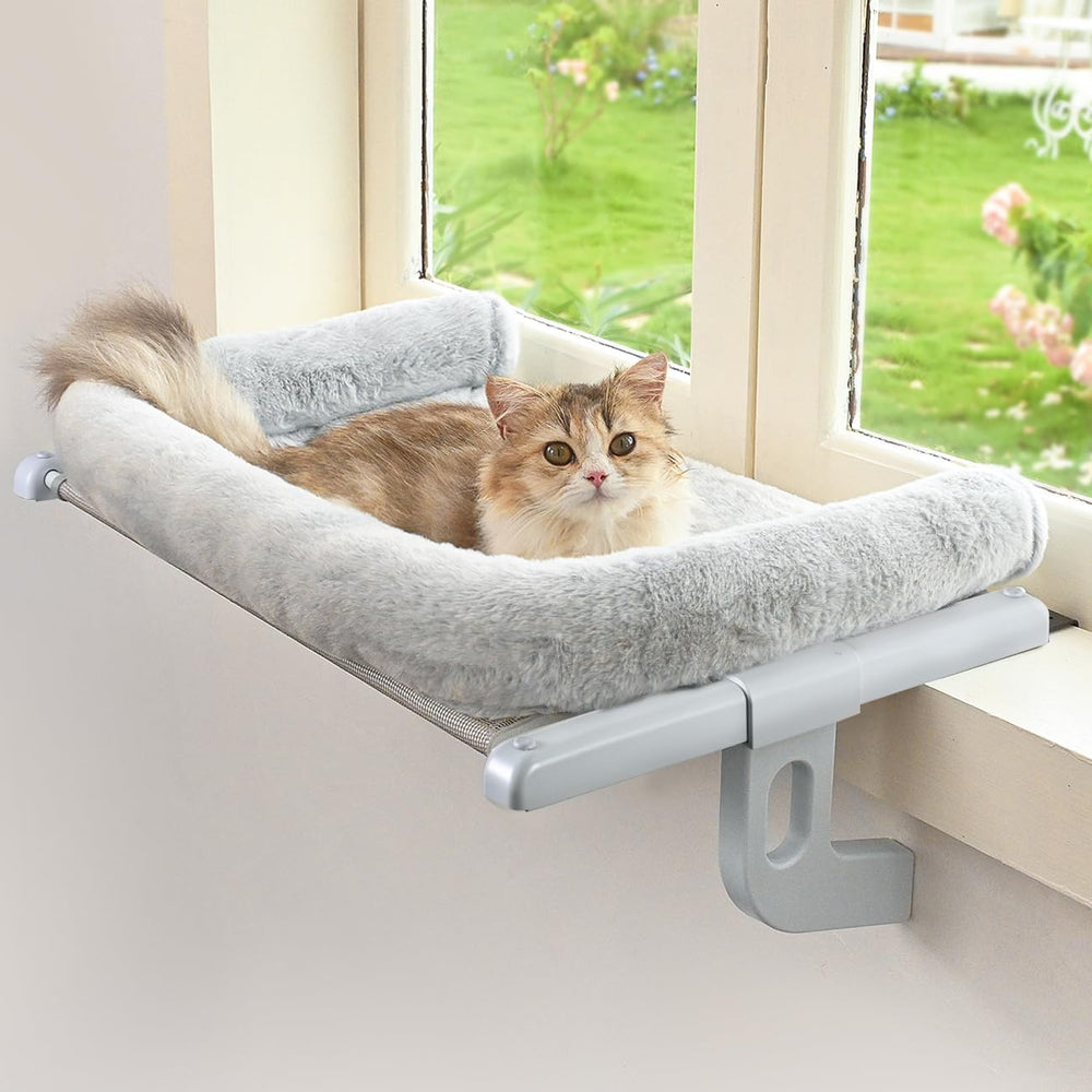 Zoratoo cat window sill perch closeup with large bolster for cozy snuggling
