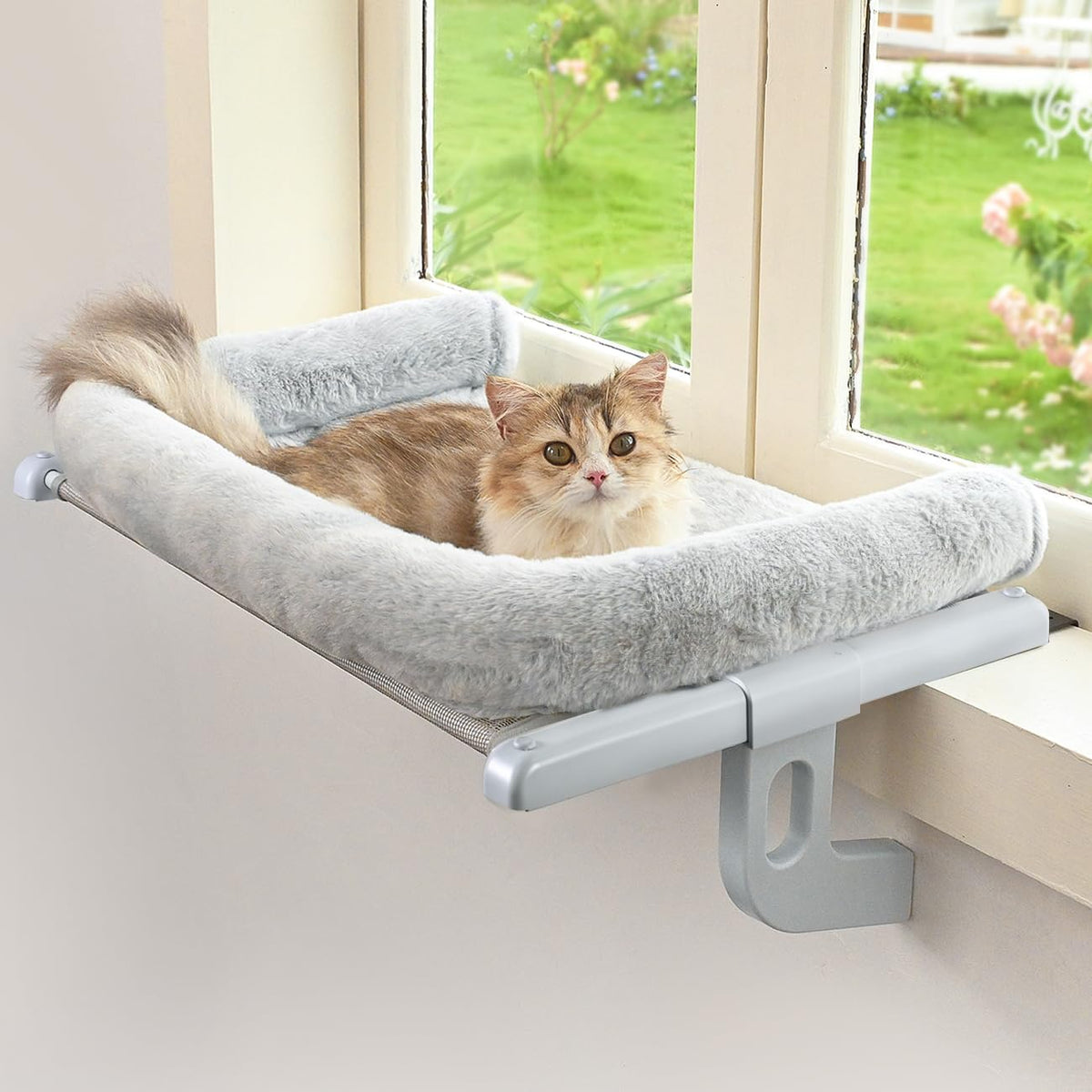 Zoratoo cat window sill perch closeup with large bolster for cozy snuggling