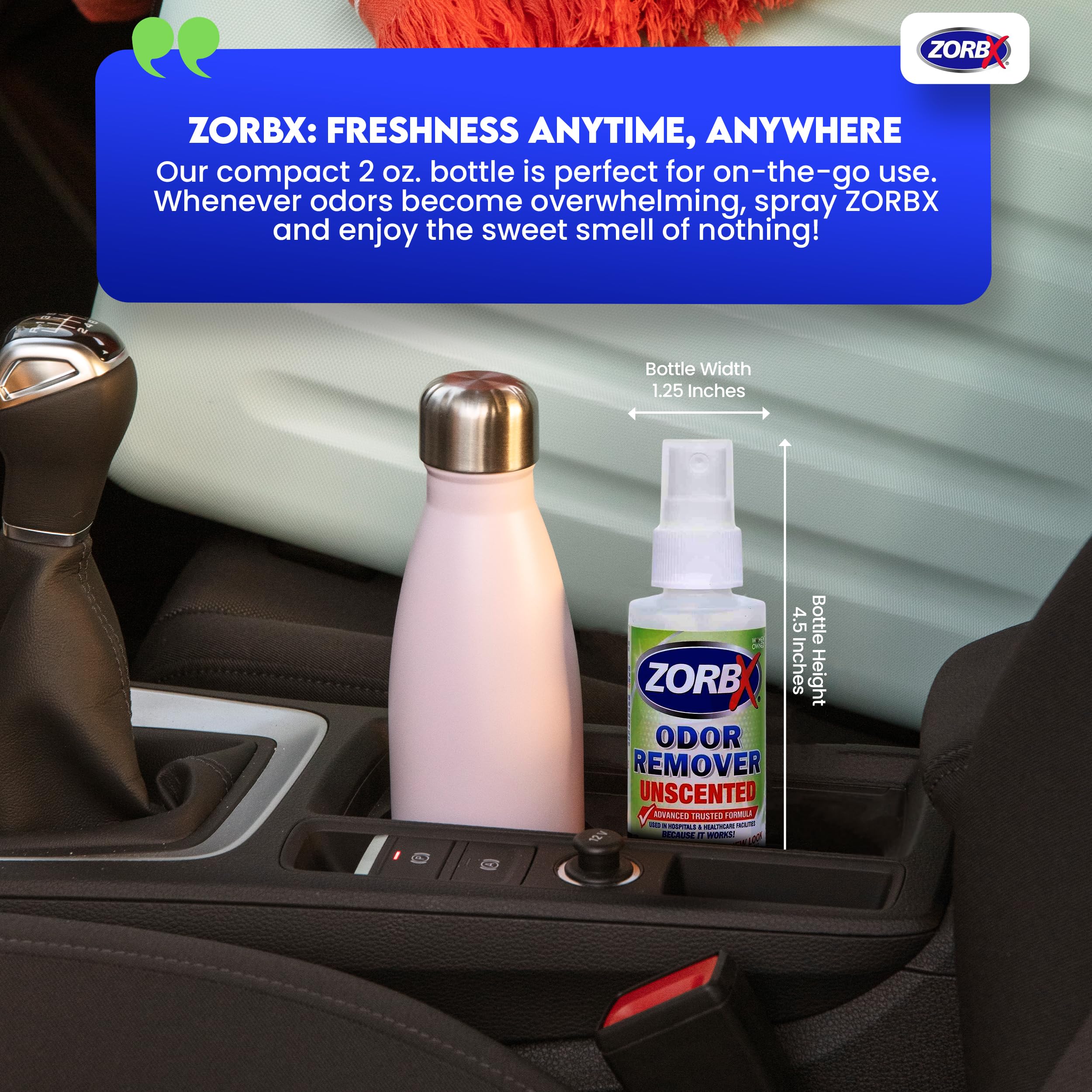 ZORBX Unscented Odor Eliminator car usage demonstrates car odor removal during travel