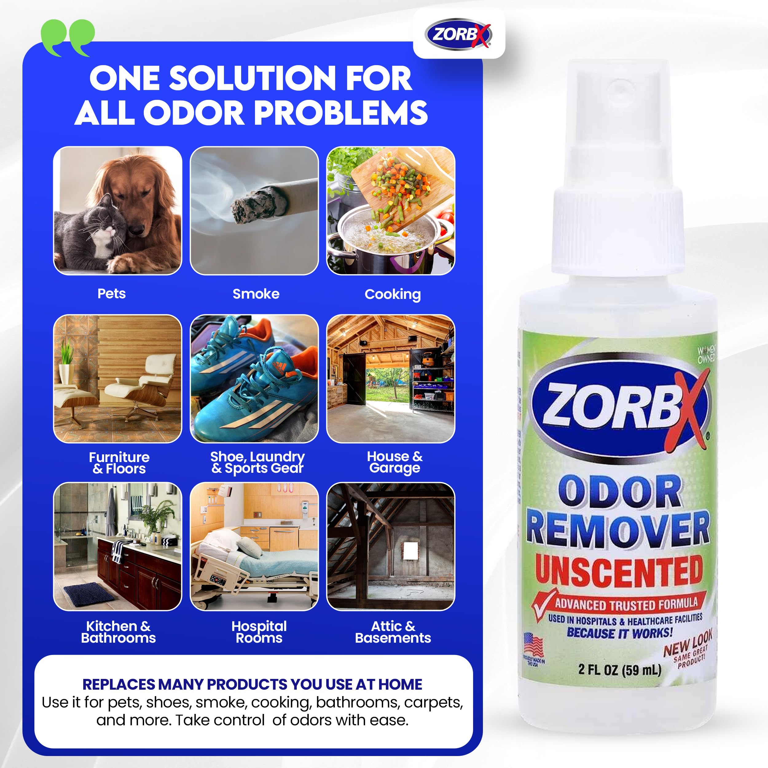 ZORBX Unscented Odor Eliminator spray action shows fast-acting odor removal in real time