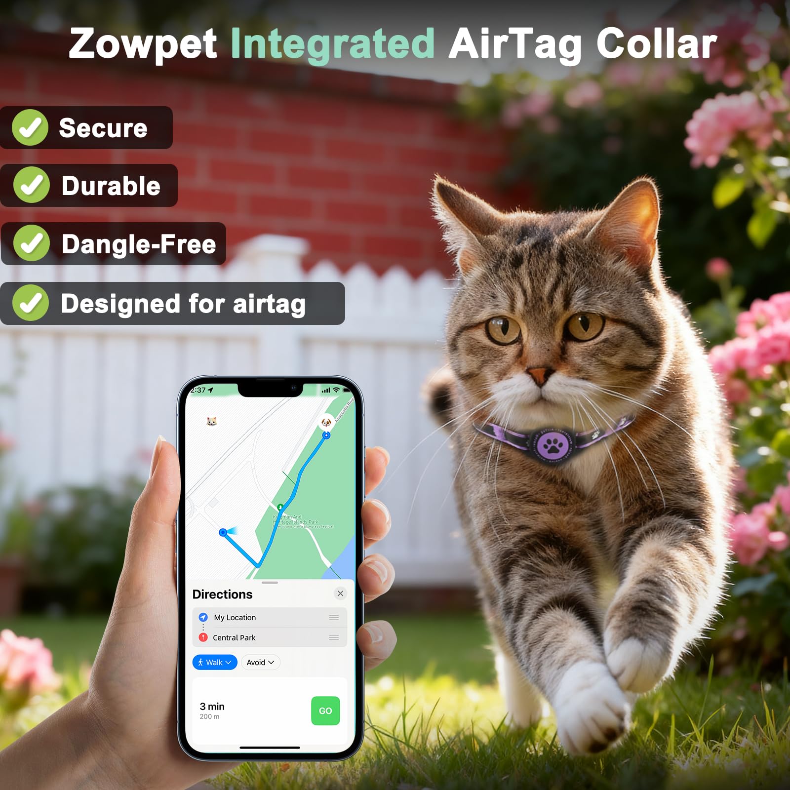 ZOWPET Airtag Cat Collar inner padding ensures comfortable wear during long play.