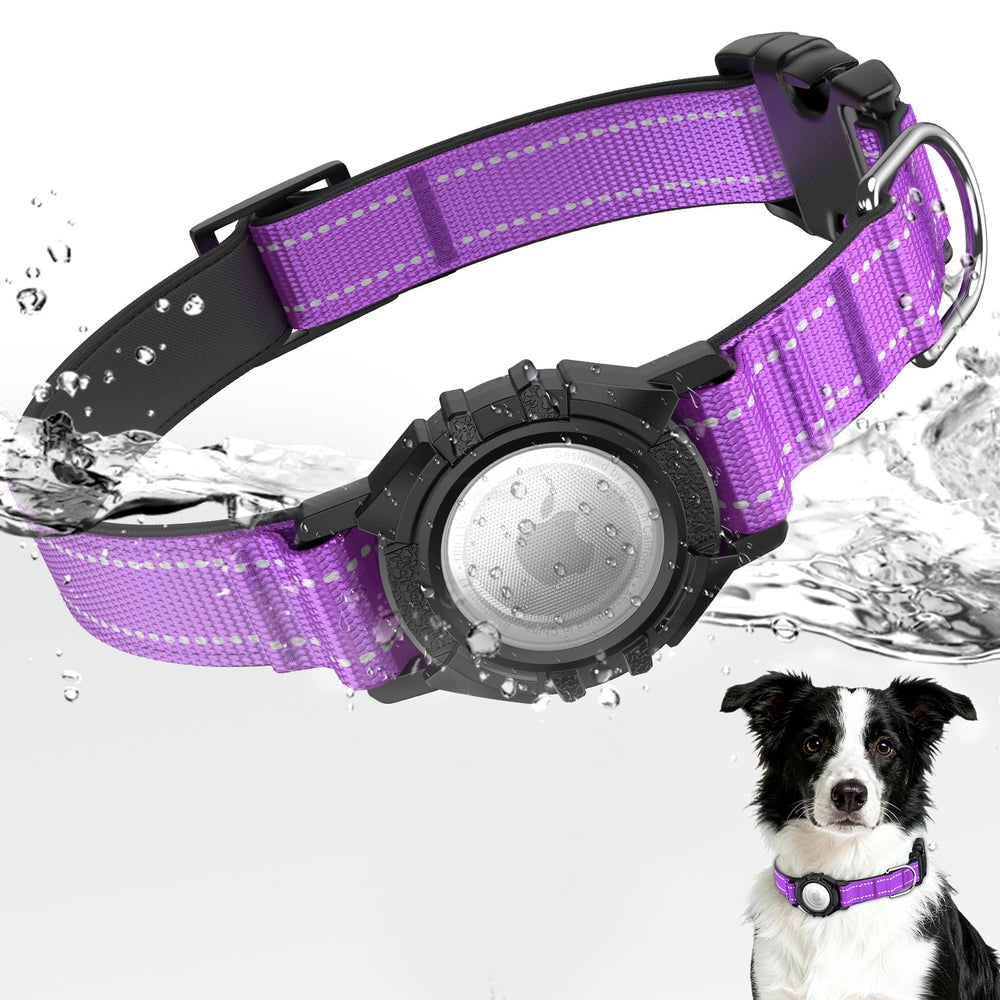 ZOWPET AirTag dog collar purple XL front view with integrated holder for easy tracking.