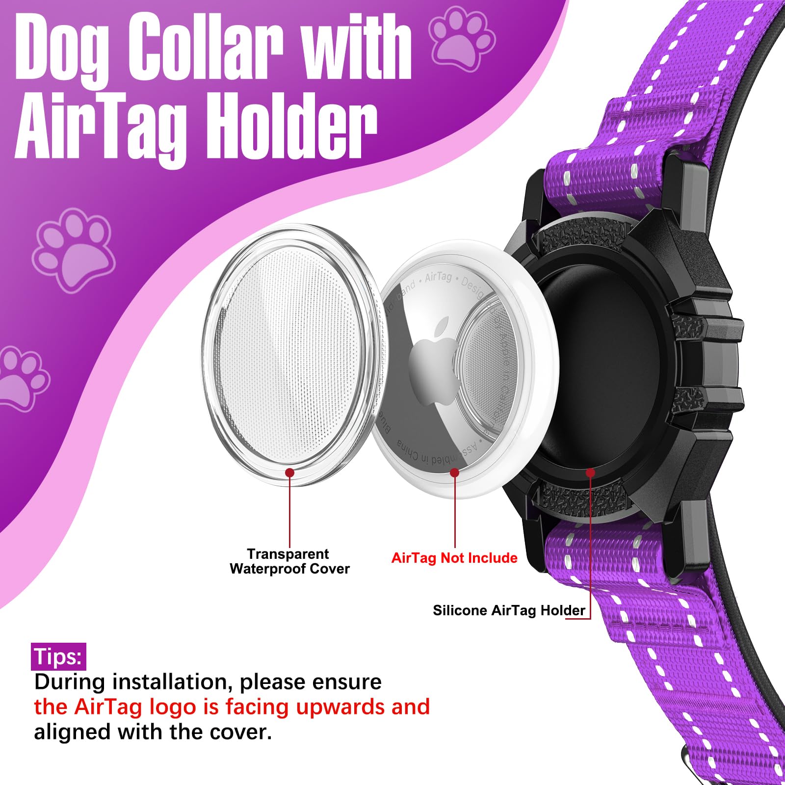 ZOWPET AirTag dog collar purple XL reflective-strip close-up for safer night walks.