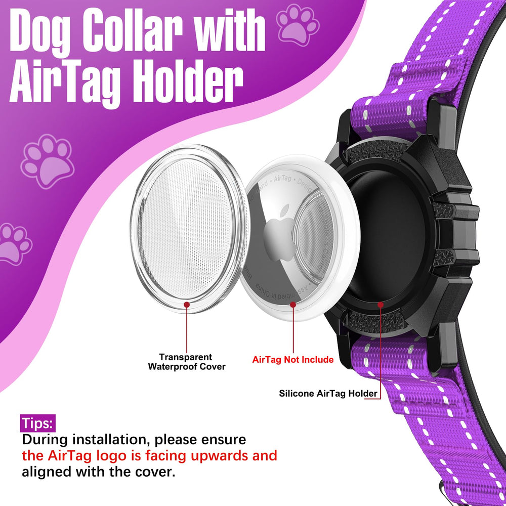 ZOWPET AirTag dog collar purple XL reflective-strip close-up for safer night walks.