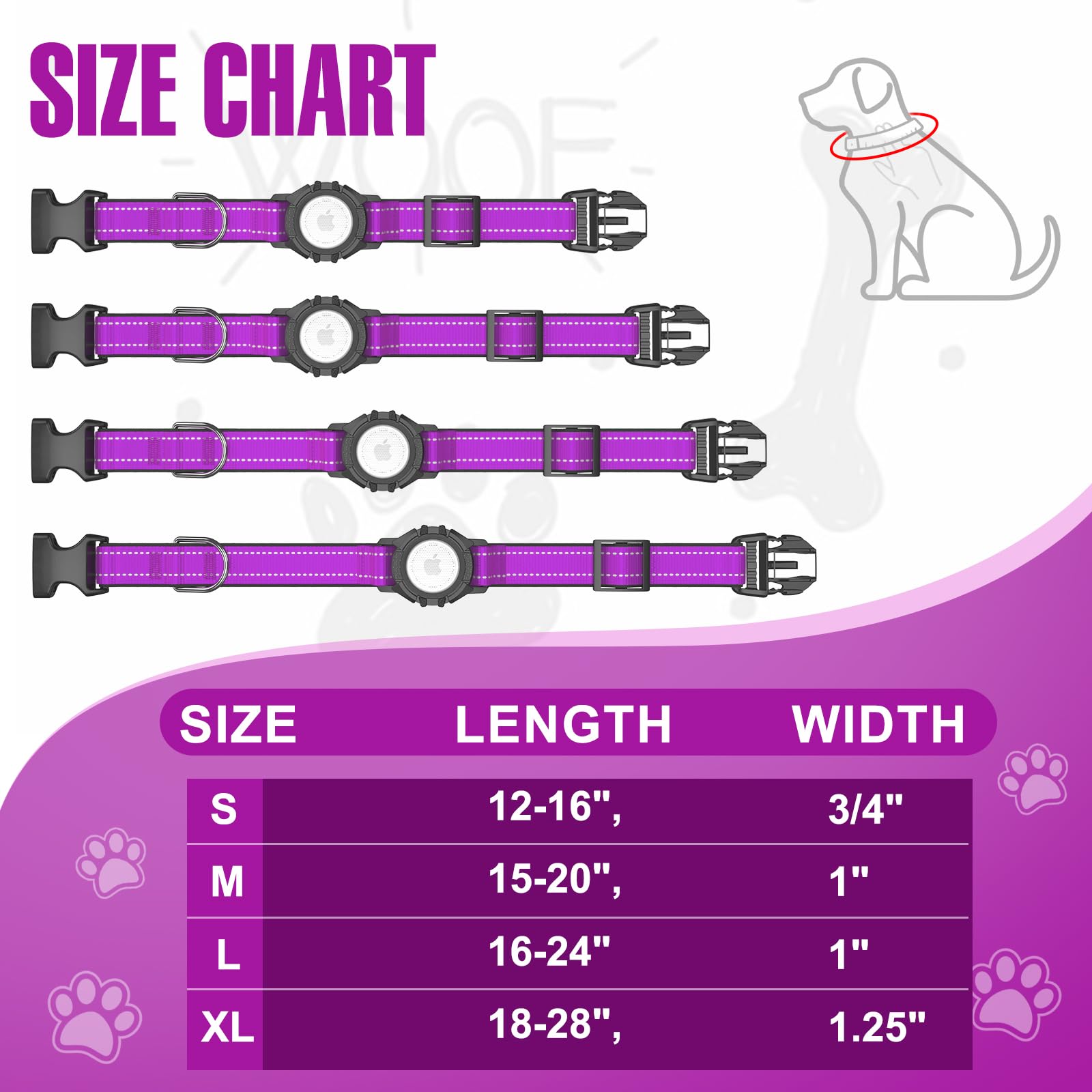ZOWPET AirTag dog collar purple XL size guide shot helps fit selection.
