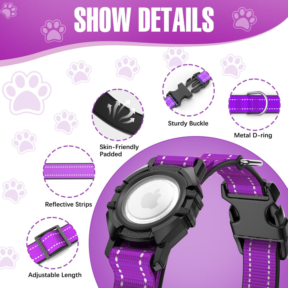 ZOWPET AirTag dog collar purple XL waterproof seal close-up emphasizes durability.