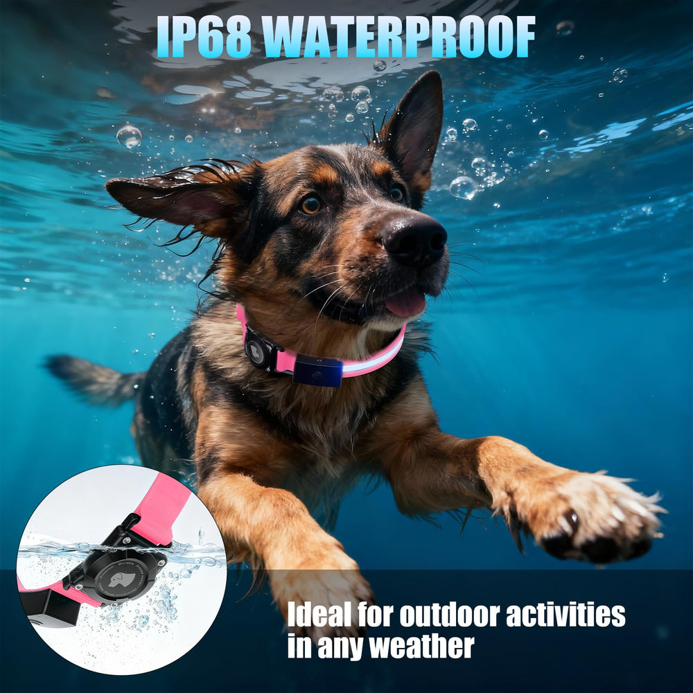 ZOWPET AirTag dog collar with IP68 waterproof design protects lights in rain.