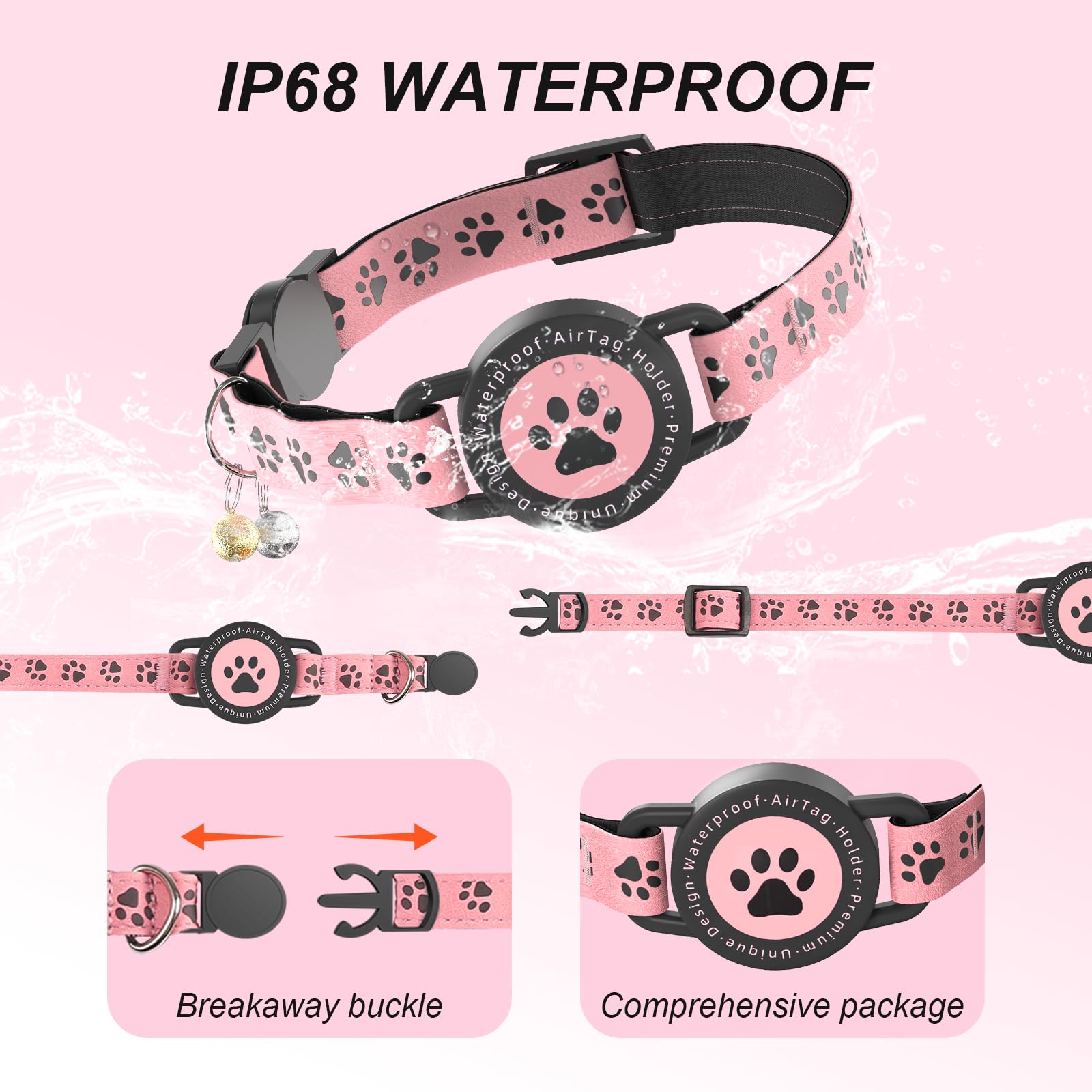 ZOWPET GPS cat collar pink elastic airtag case keeps AirTag secure while worn.