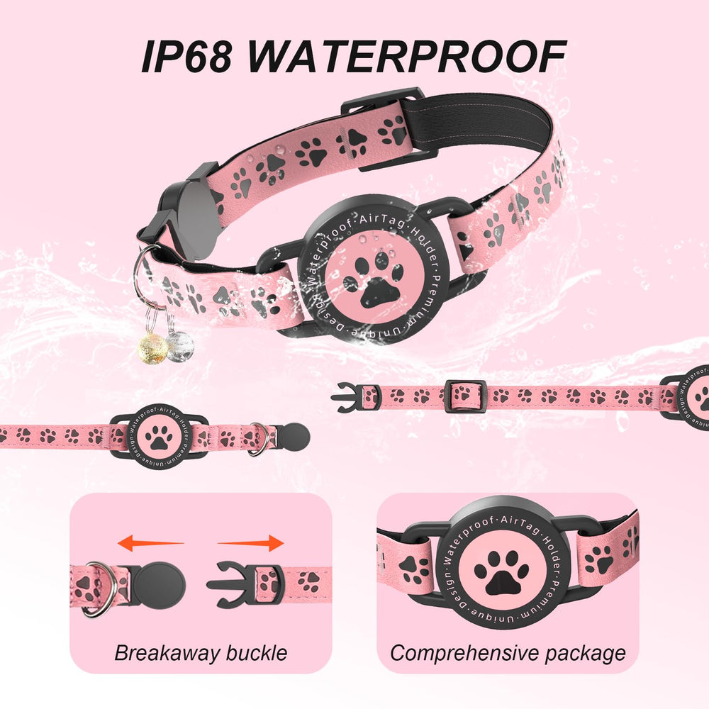 ZOWPET GPS cat collar pink elastic airtag case keeps AirTag secure while worn.