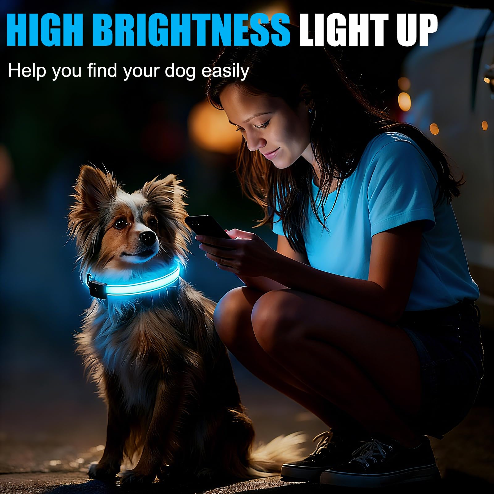 ZOWPET LED dog collar brightness 1600 feet emphasizes long-range visibility.