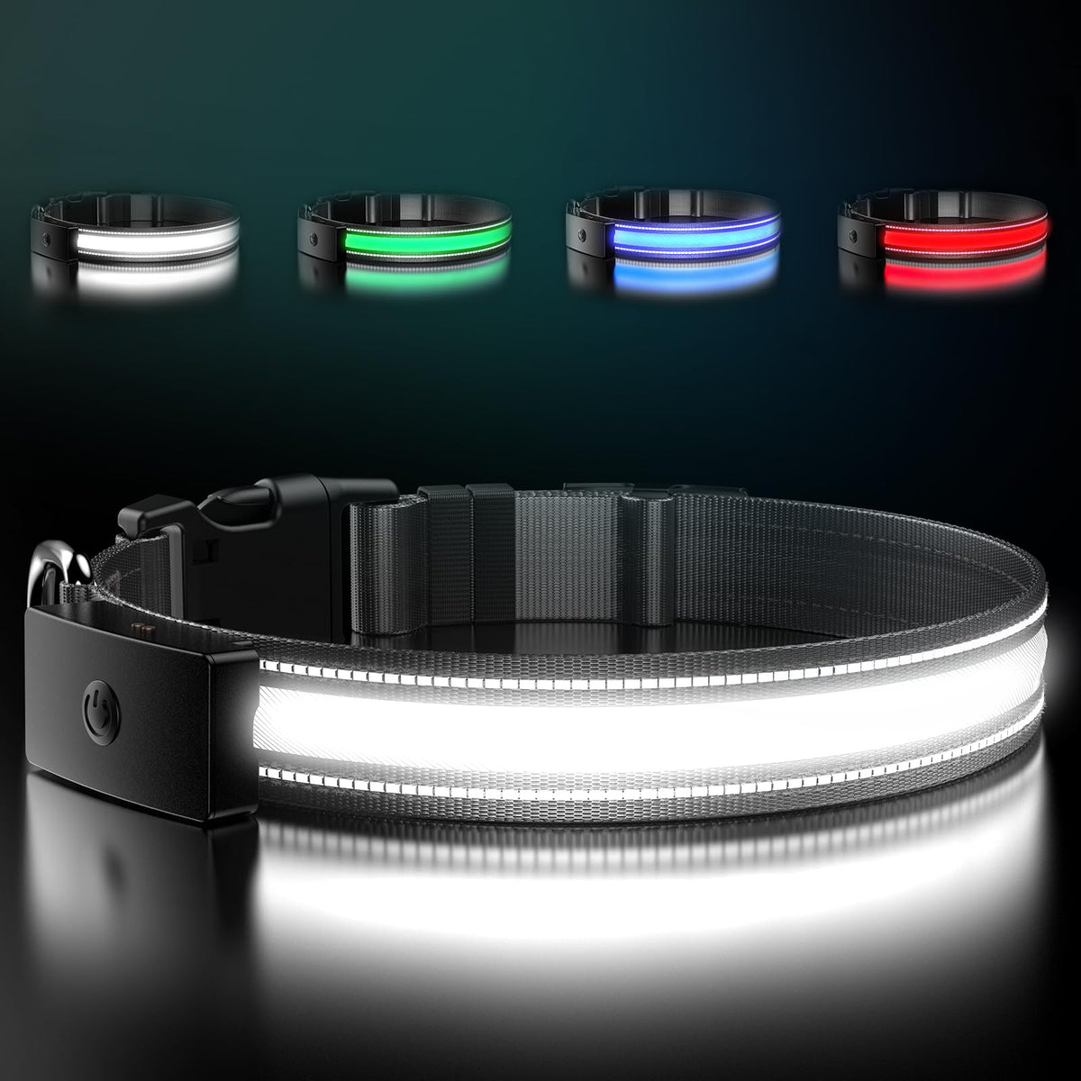 ZOWPET LED dog collar front view with bright glow for night safety.