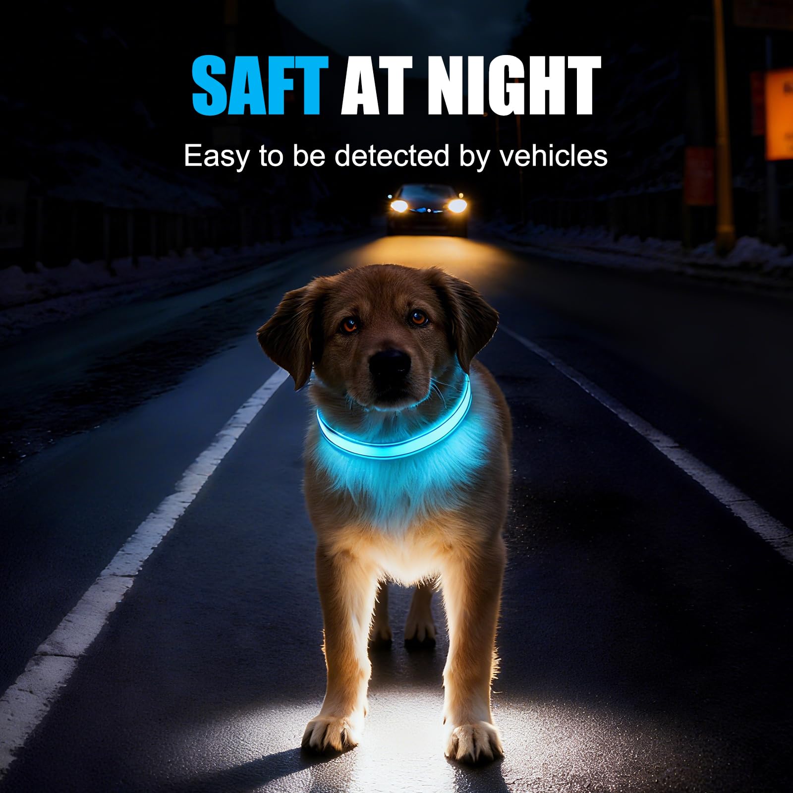ZOWPET LED dog collar mode options illustrate steady, flash, and fade settings.