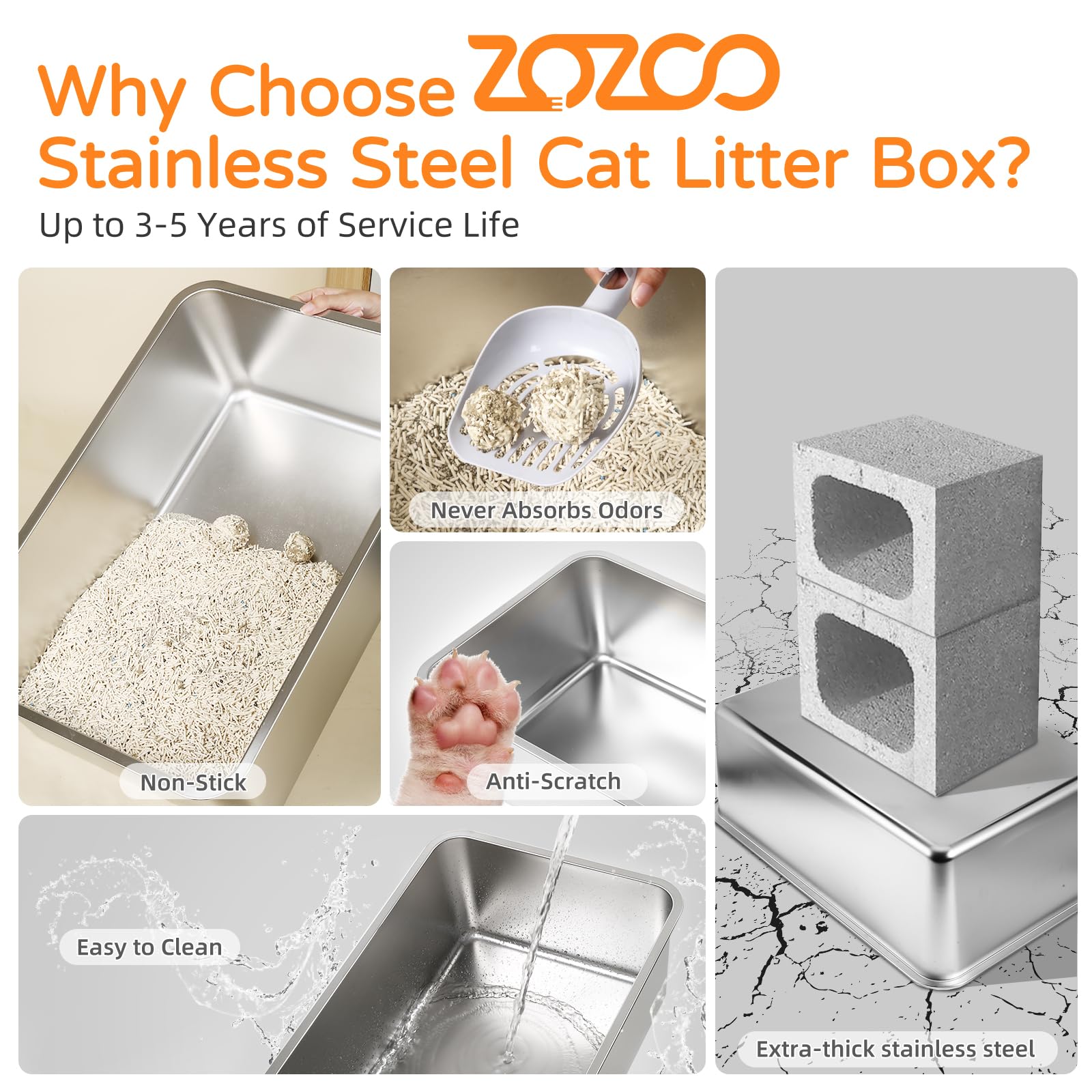 ZOZOO close-up of durable stainless steel showing scratch-resistance and easy cleaning