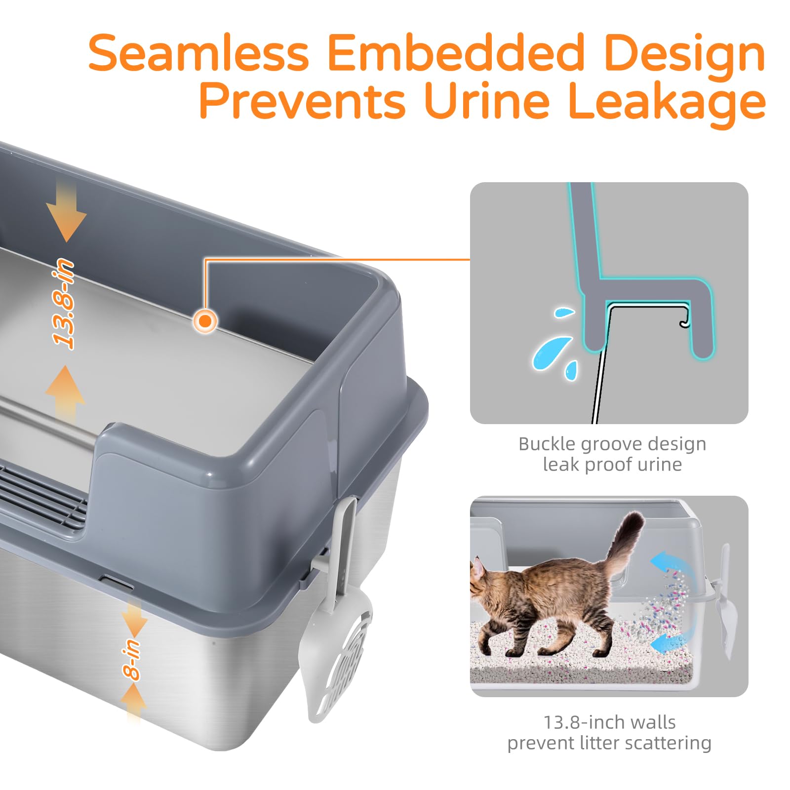 ZOZOO stainless steel litter box interior view highlighting high-sided enclosure