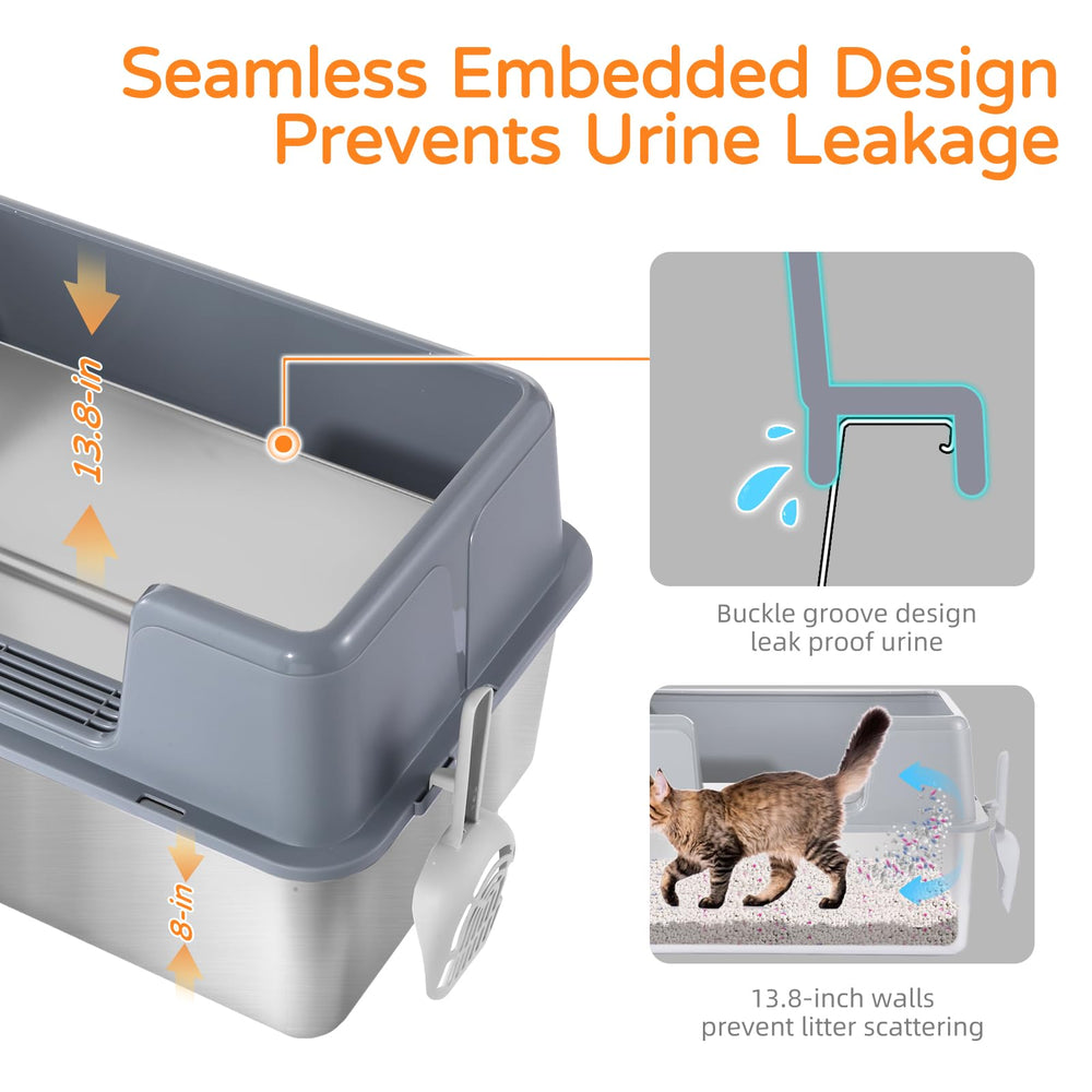 ZOZOO stainless steel litter box interior view highlighting high-sided enclosure