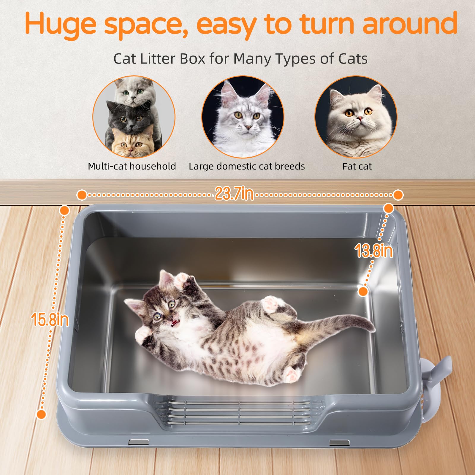 ZOZOO stainless steel litter box with side entrance for easy access