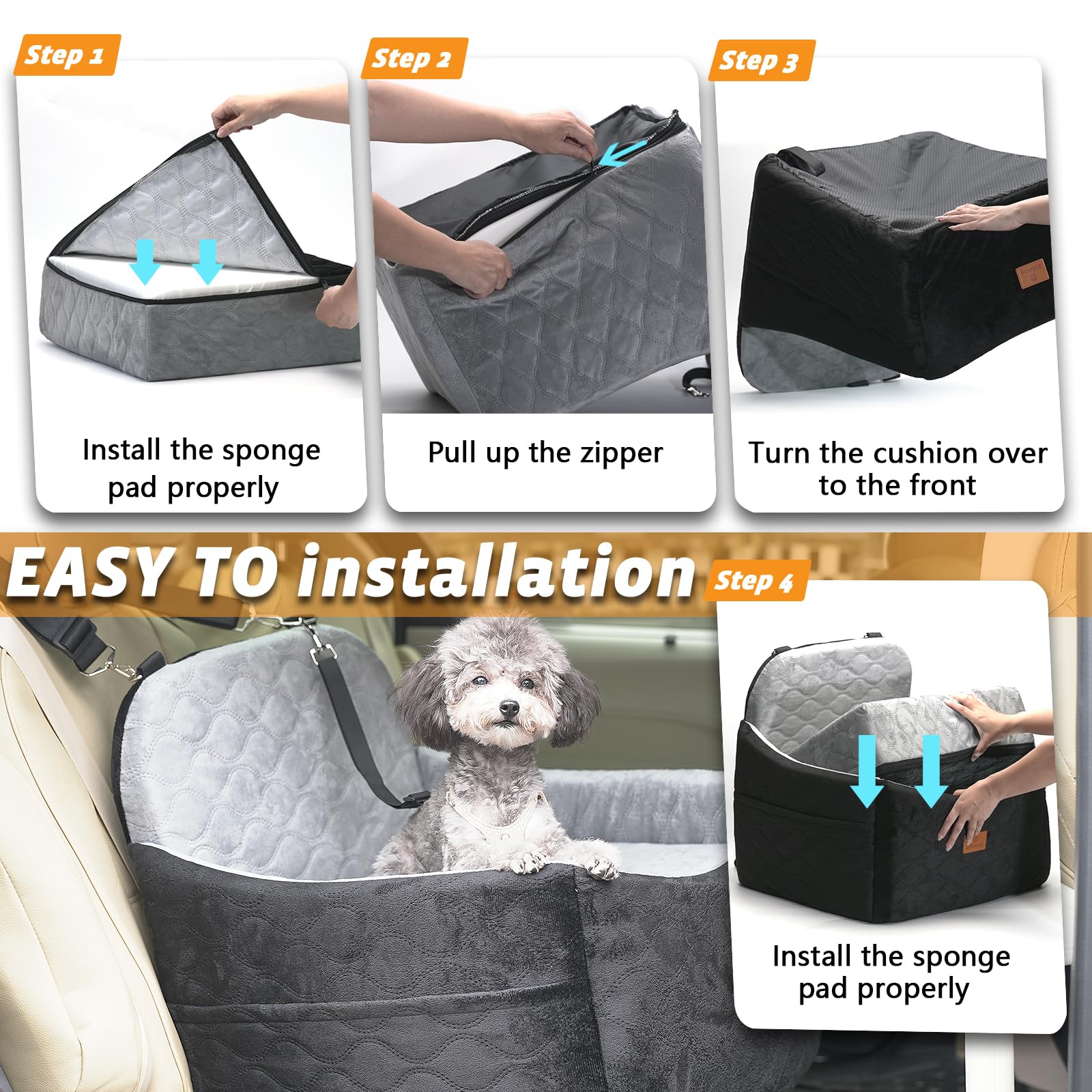 Ztinng dog car seat installation steps image shows quick setup