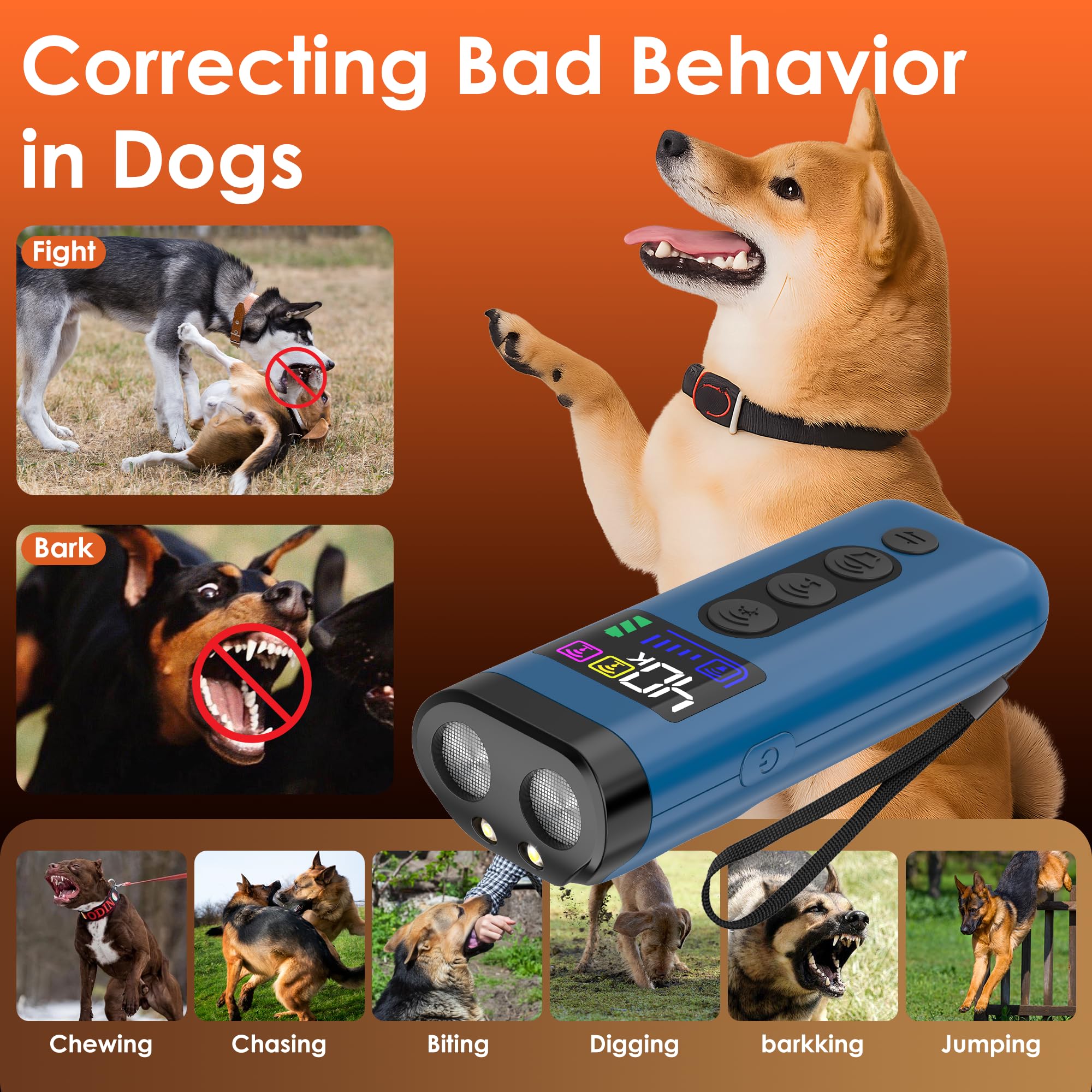 ZUIBAS dog bark deterrent HD display showing status and battery