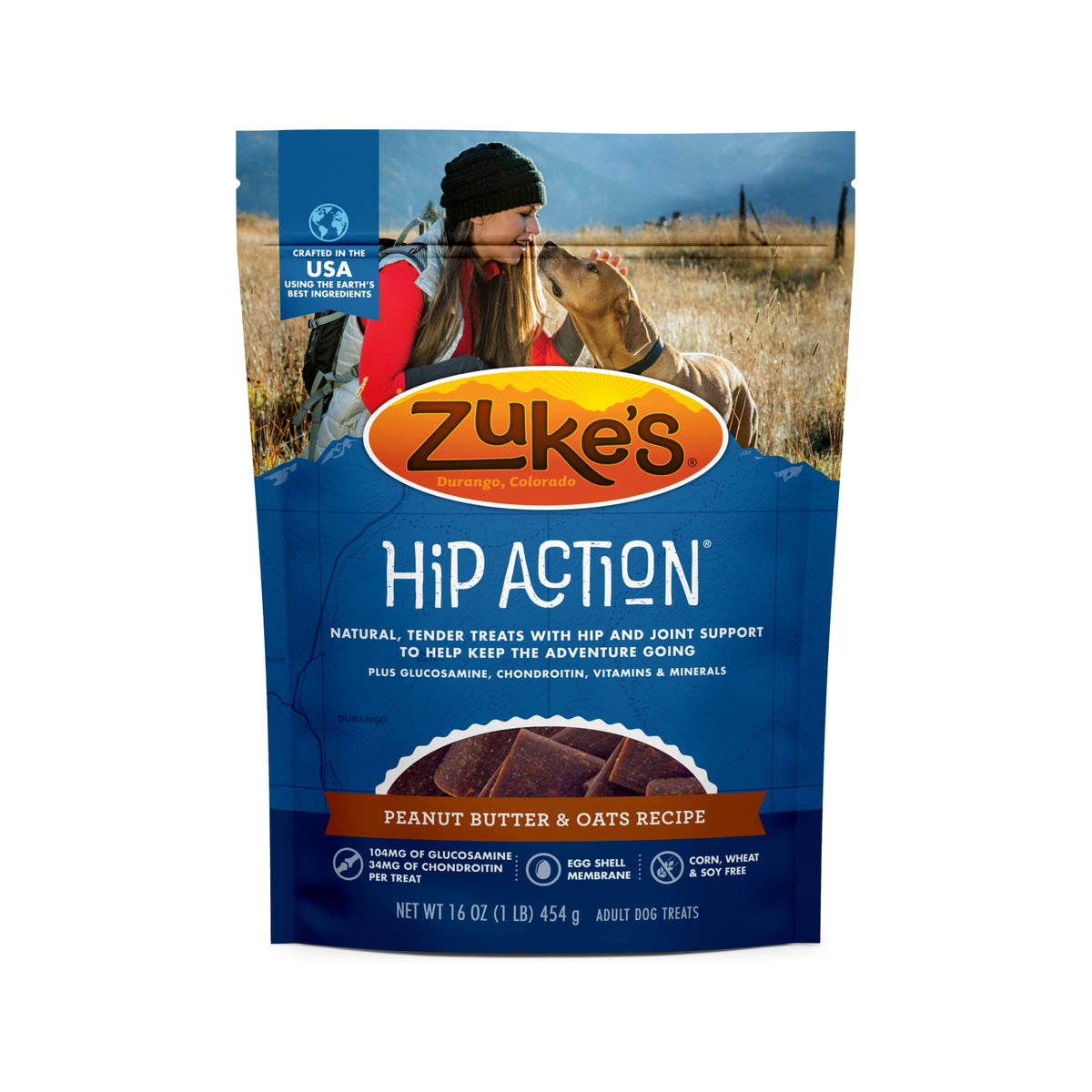 Zuke's Hip Action treats in a peanut butter and oats pouch for on-the-go mobility.