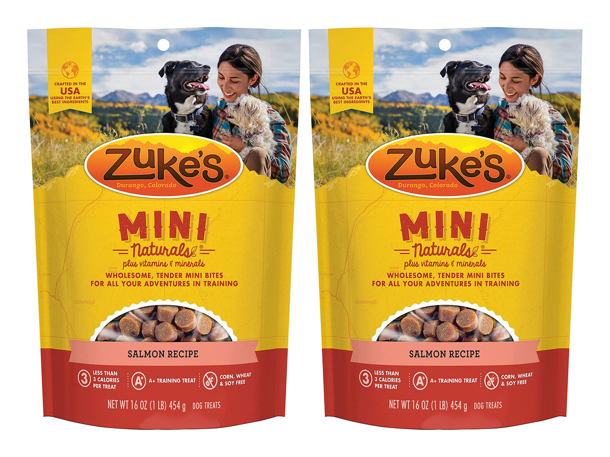 Zuke's Mini Naturals Salmon pack shot highlighting low-calorie rewards for all breeds