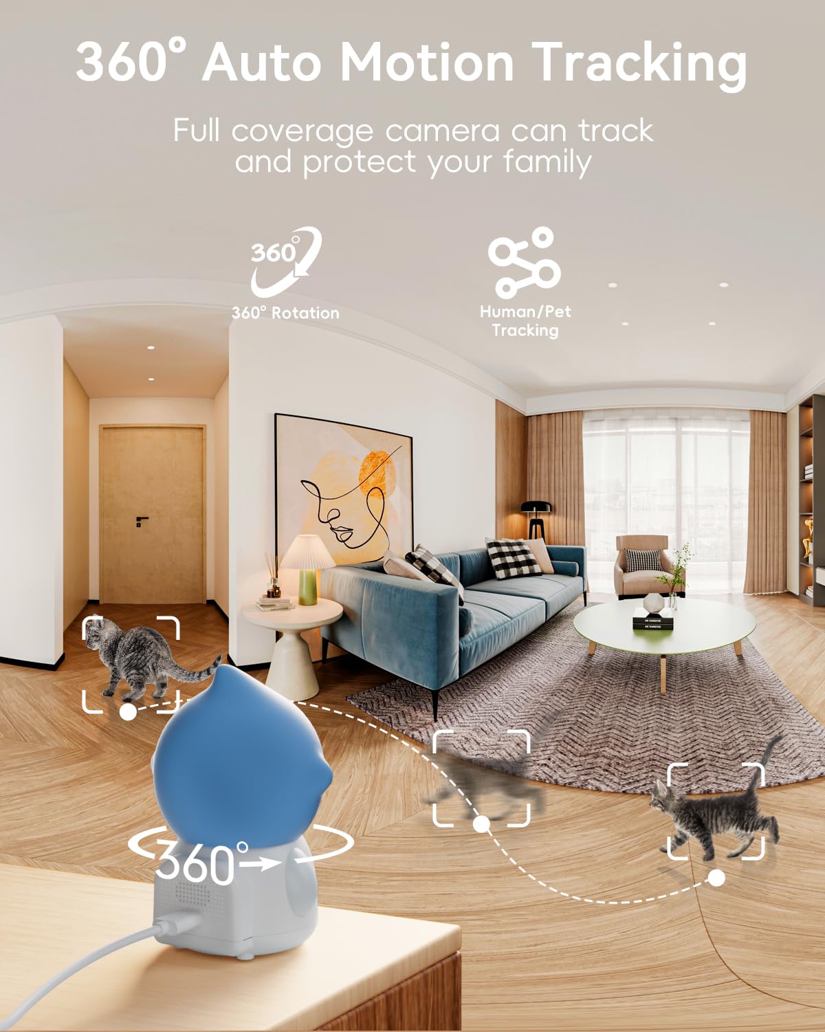 ZUMIMALL Pet Camera auto-tracking follows your pet for hands-free monitoring.