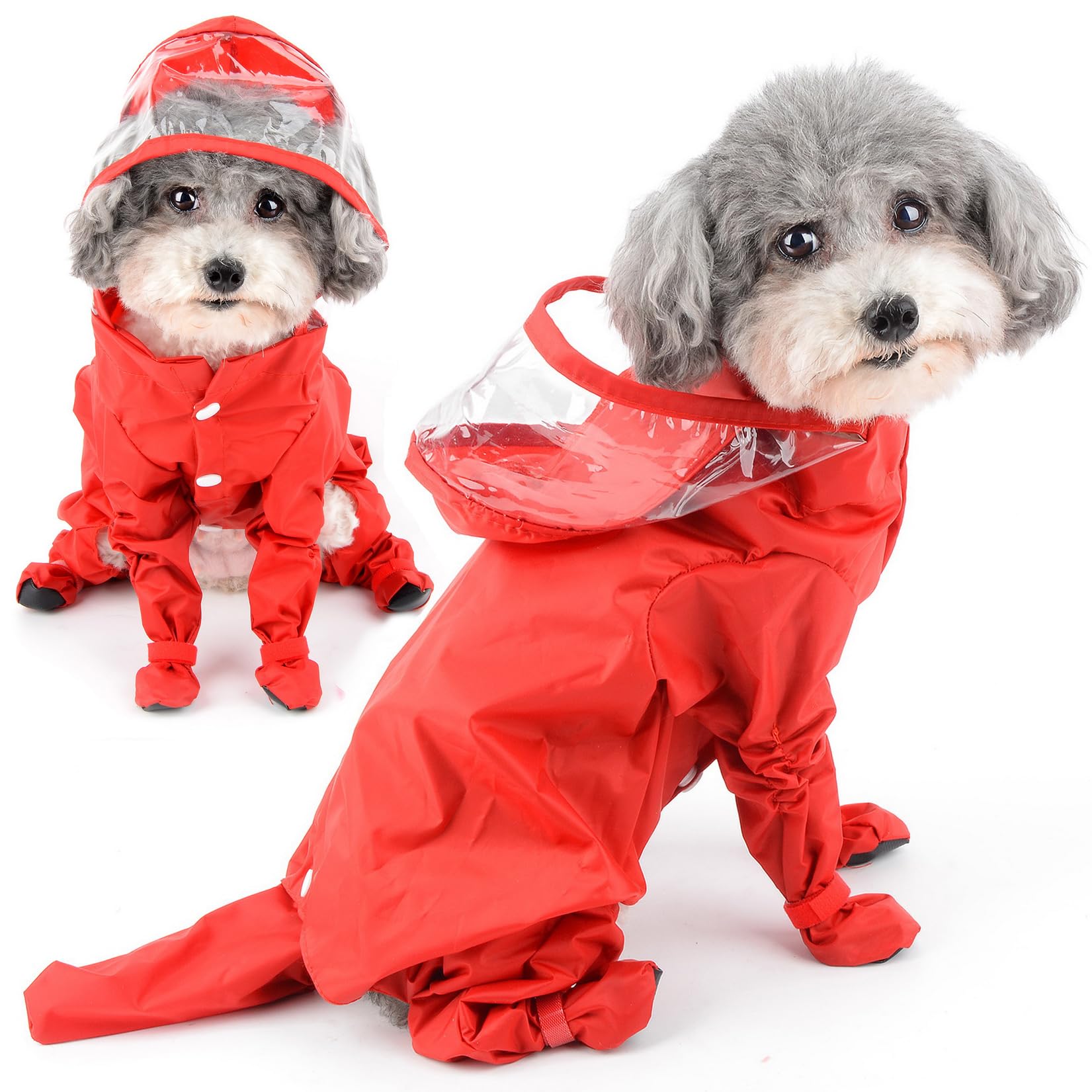 Zunea raincoat hood red dog front view emphasizes easy on/off with adjustable fit.
