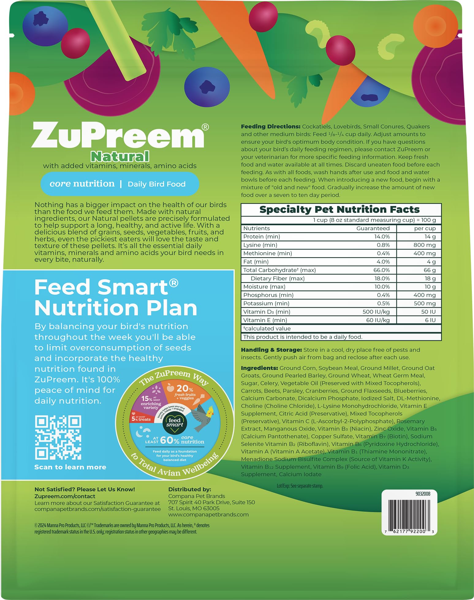 ZuPreem Natural Pellets close-up of ingredients highlights vegetable-forward nutrition.