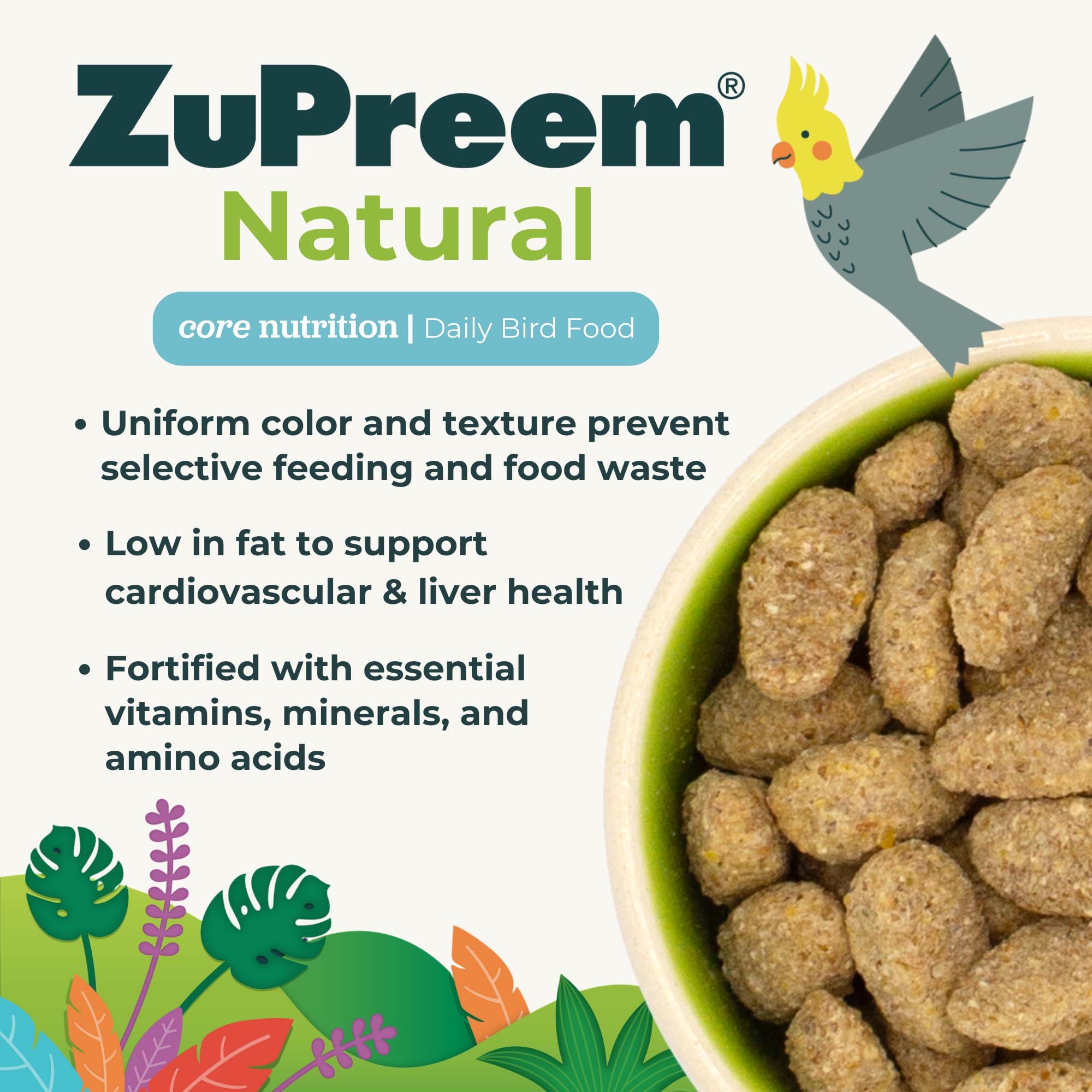 ZuPreem pellets serving-time image illustrates easy daily meal for birds.