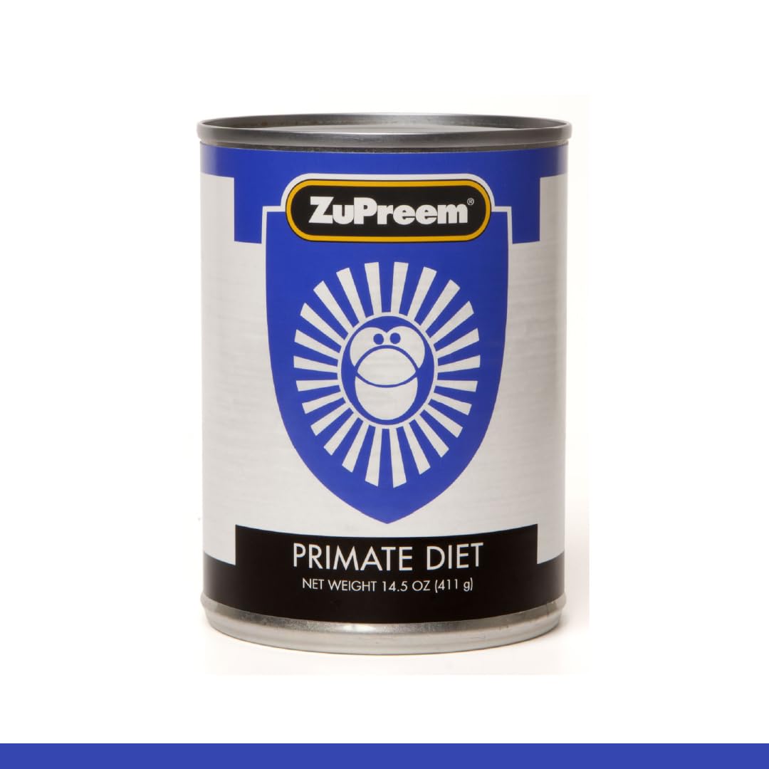 ZuPreem Primate Diet canned meal supports growth and daily maintenance with essential vitamins.