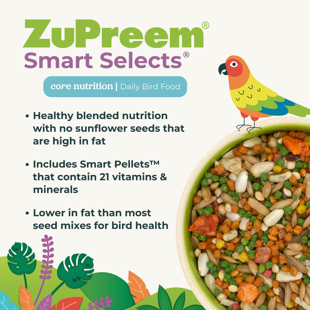 ZuPreem Smart Selects USA-made label—reliable large-bird diet crafted in North America.