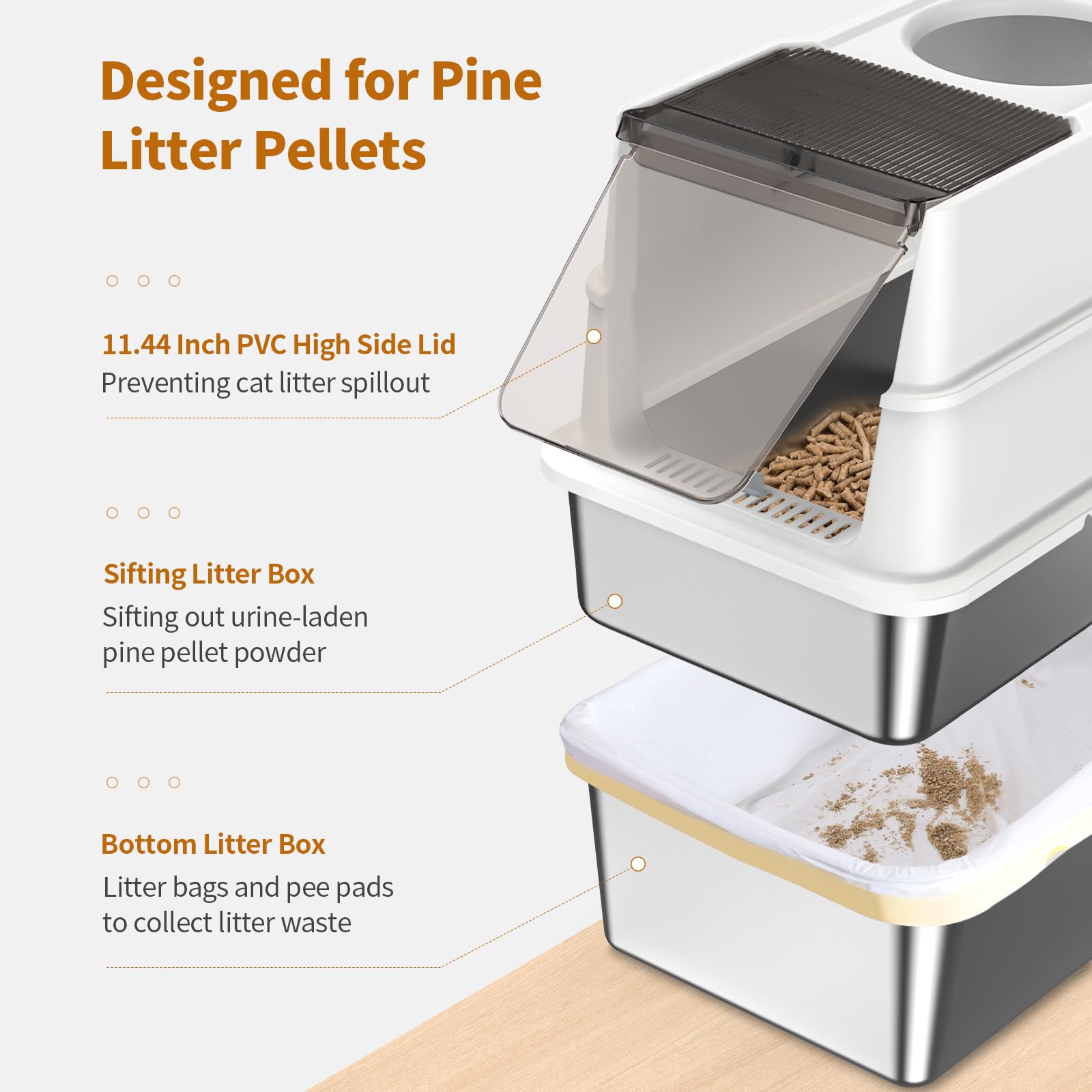 Zuqqony stainless steel sifting litter box inside view highlights easy-to-clean interior.