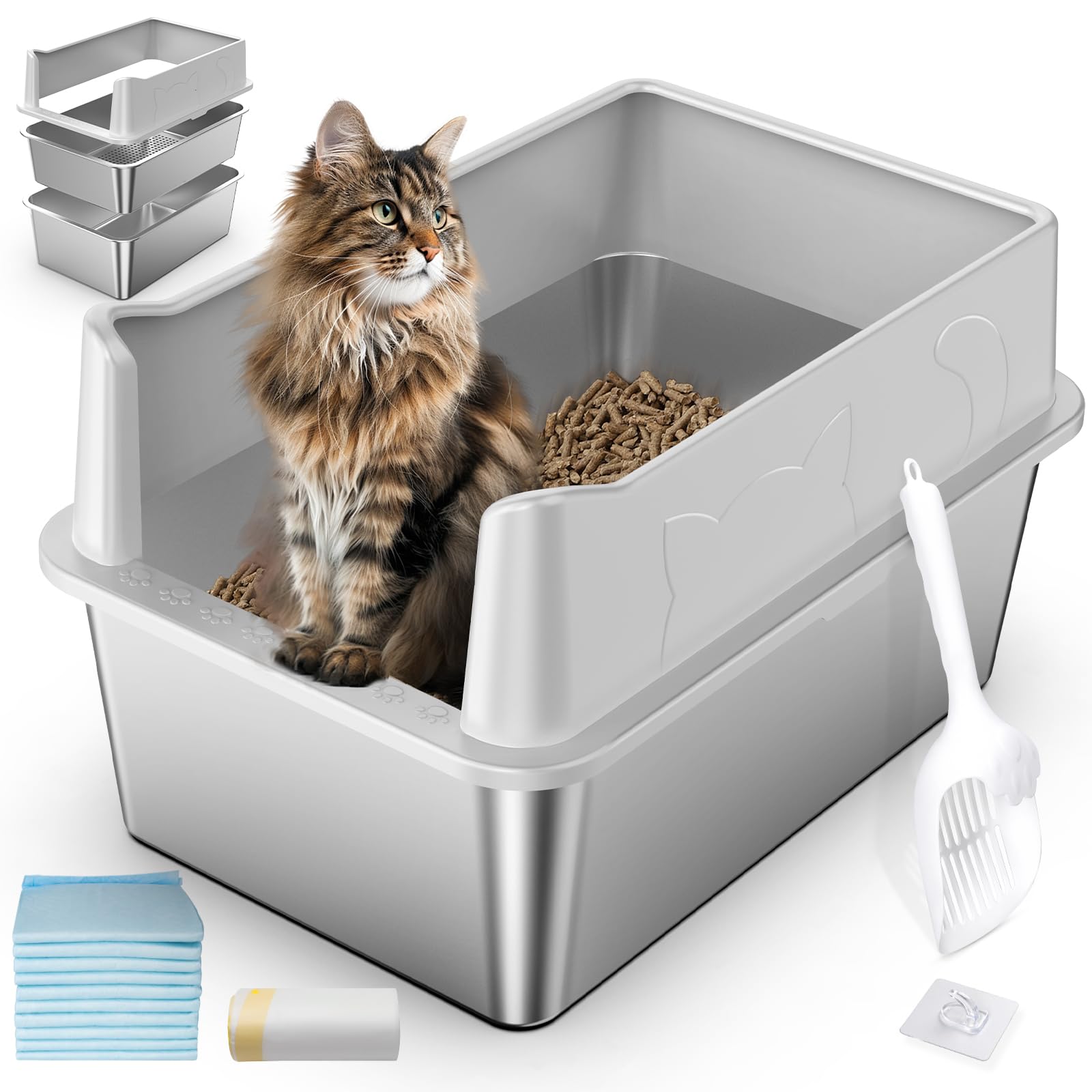 Zuqqony stainless steel litter box lid view shows privacy and spill prevention for busy homes.