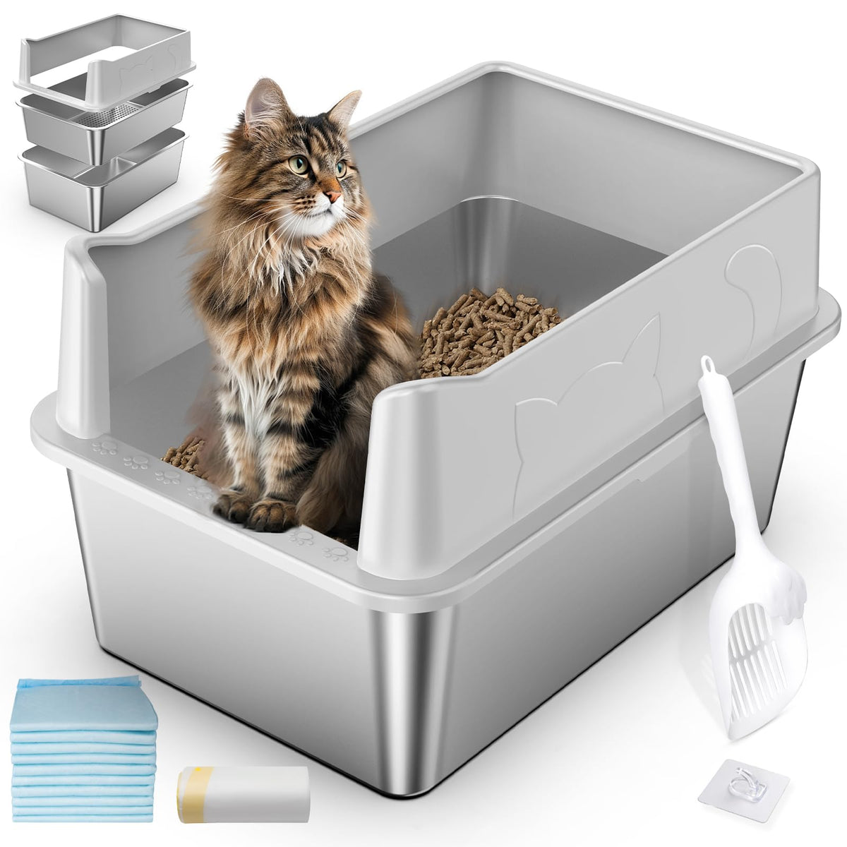 Zuqqony stainless steel litter box lid view shows privacy and spill prevention for busy homes.