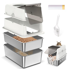 Zuqqony stainless steel sifting litter box outside view shows durable build for big cats.