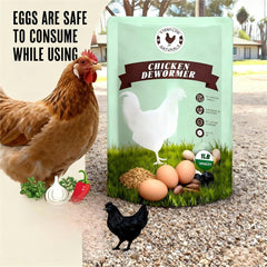 ZURPRISE chicken dewormer powder being poured into feed for convenient dosing.