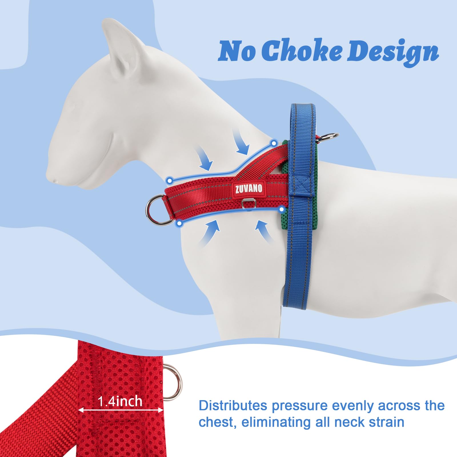 ZUVANO soft red dog harness breathable mesh padding supports long walks
