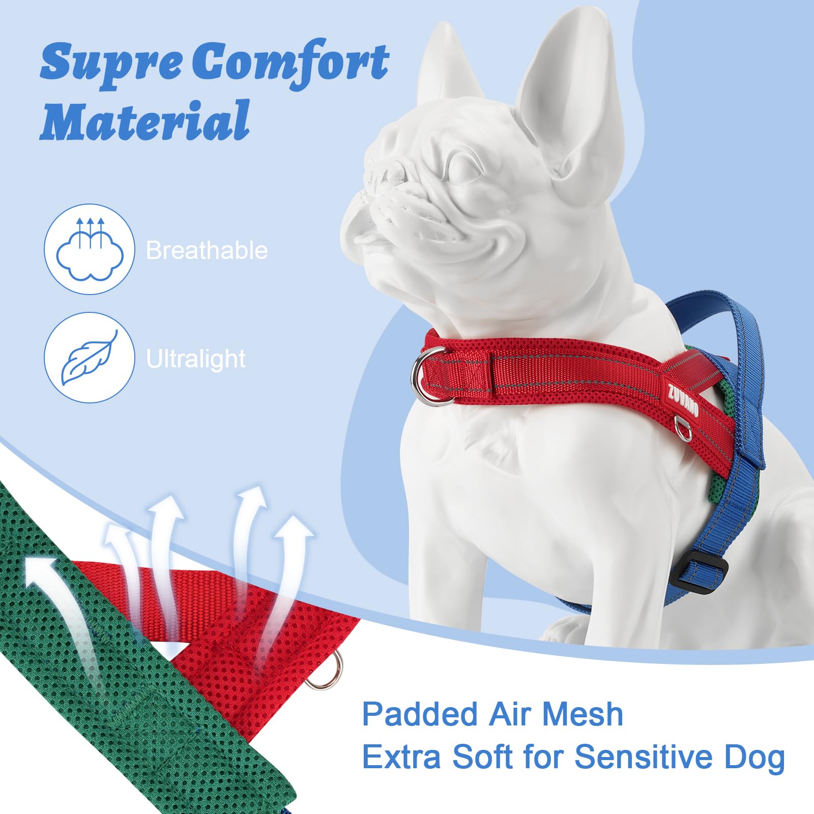 ZUVANO soft red dog harness handle close-up shows sturdy top handle