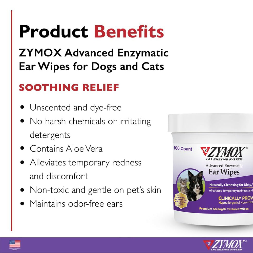 Zymox Advanced Ear Wipes close-up demonstrates soft wipes for gentle, fragrance-free cleaning.