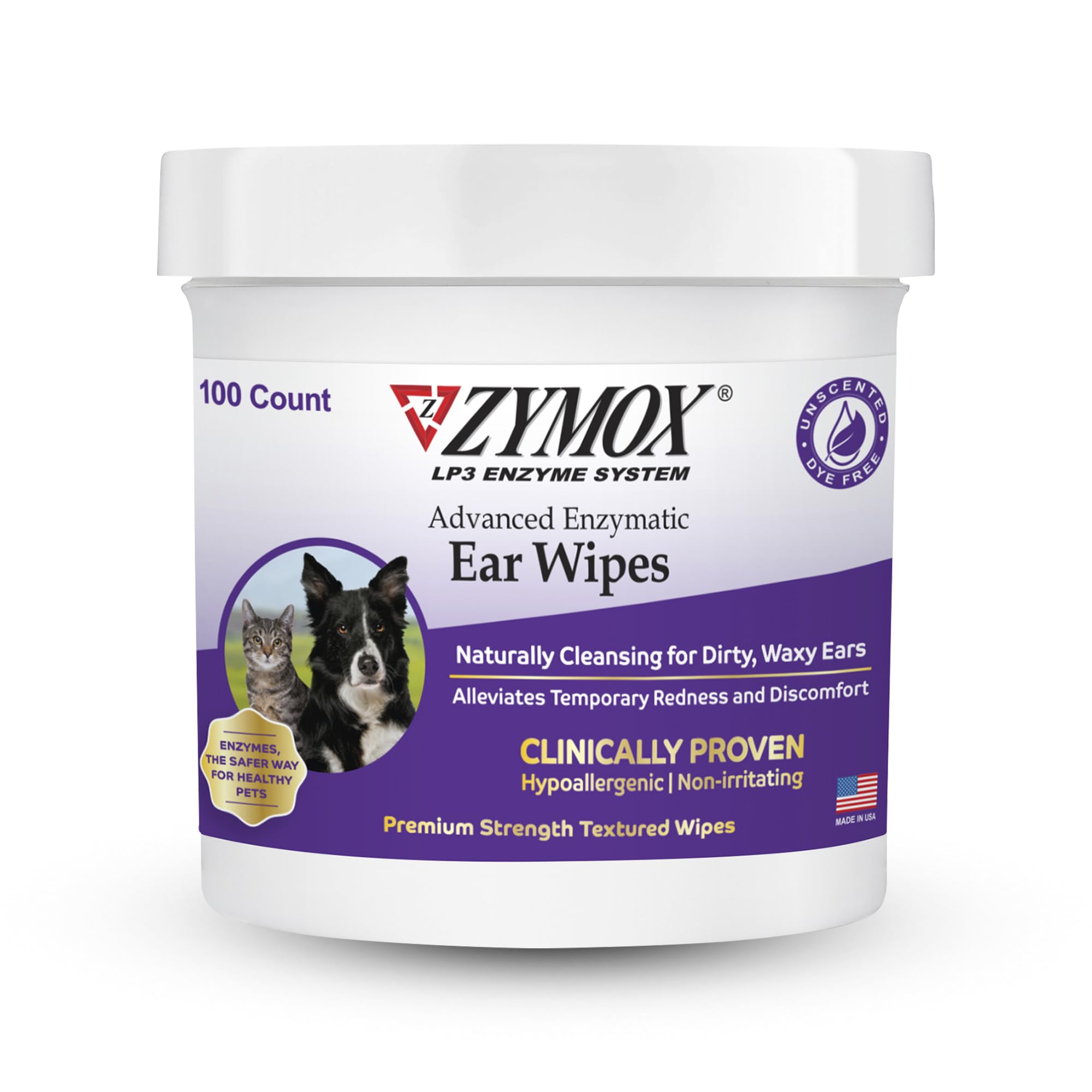 Zymox Advanced Ear Wipes packaging showing premium care for dogs and cats
