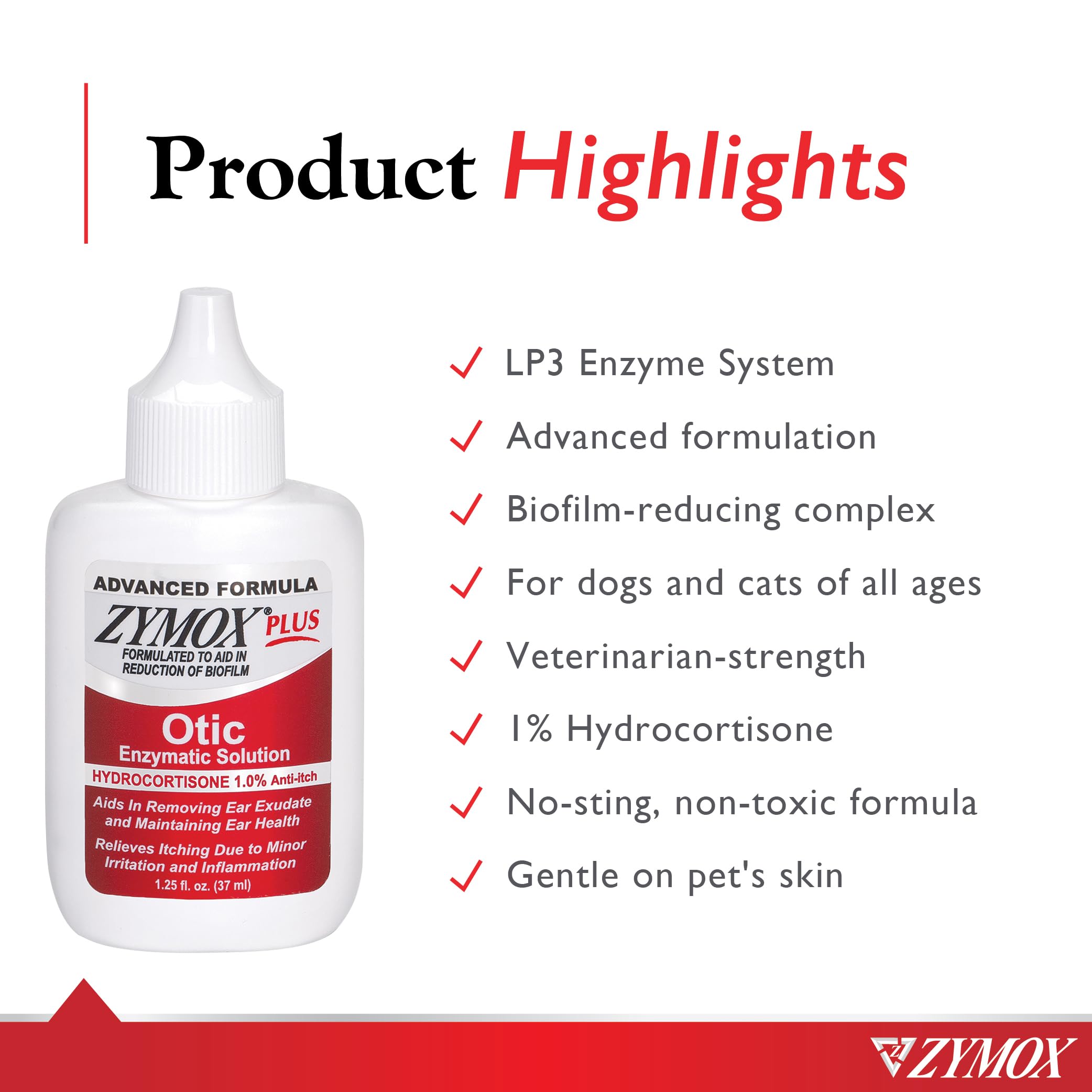 Zymox Advanced Formula Otic Plus cat-ear closeup highlights gentle relief for irritated ears