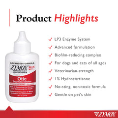 Zymox Advanced Formula Otic Plus cat-ear closeup highlights gentle relief for irritated ears