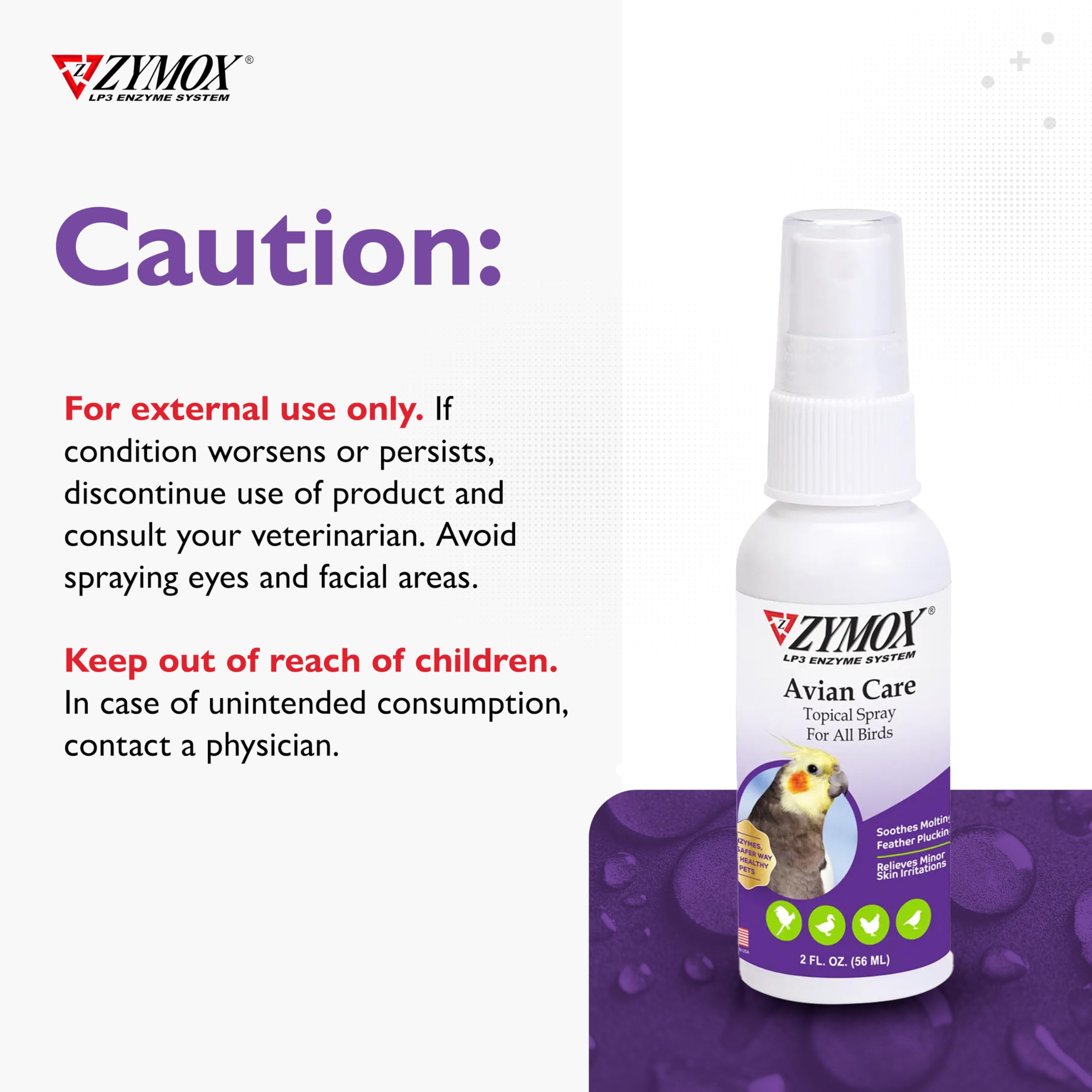 Spot on dry skin patch treated with Zymox Avian Care Topical Spray